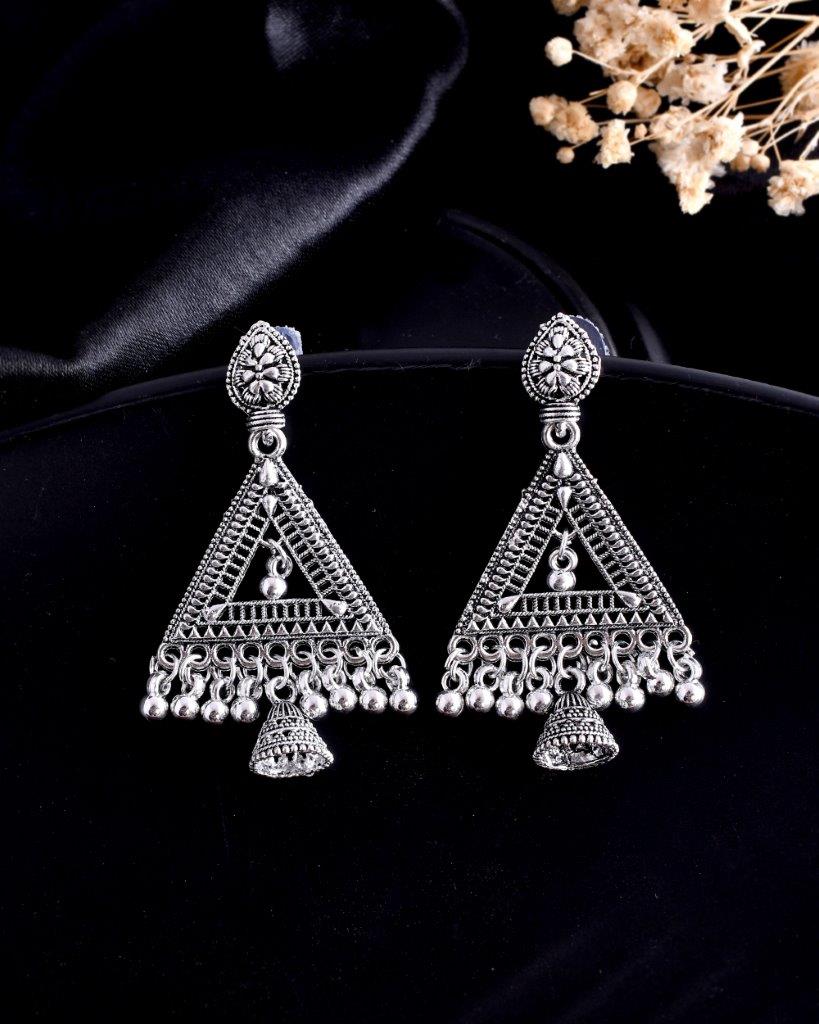 VOJ Studded Triangle Oxidised Silver Plated Contemporary Drop Earrings - Grab2buy