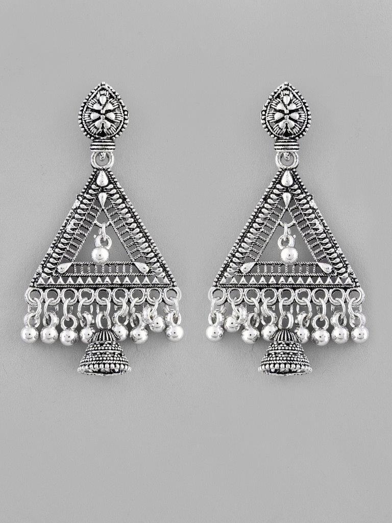 VOJ Studded Triangle Oxidised Silver Plated Contemporary Drop Earrings - Grab2buy