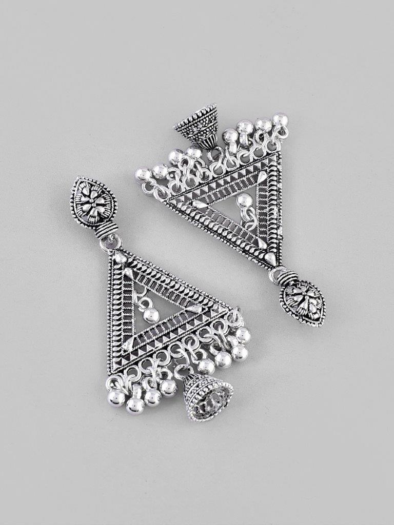 VOJ Studded Triangle Oxidised Silver Plated Contemporary Drop Earrings - Grab2buy