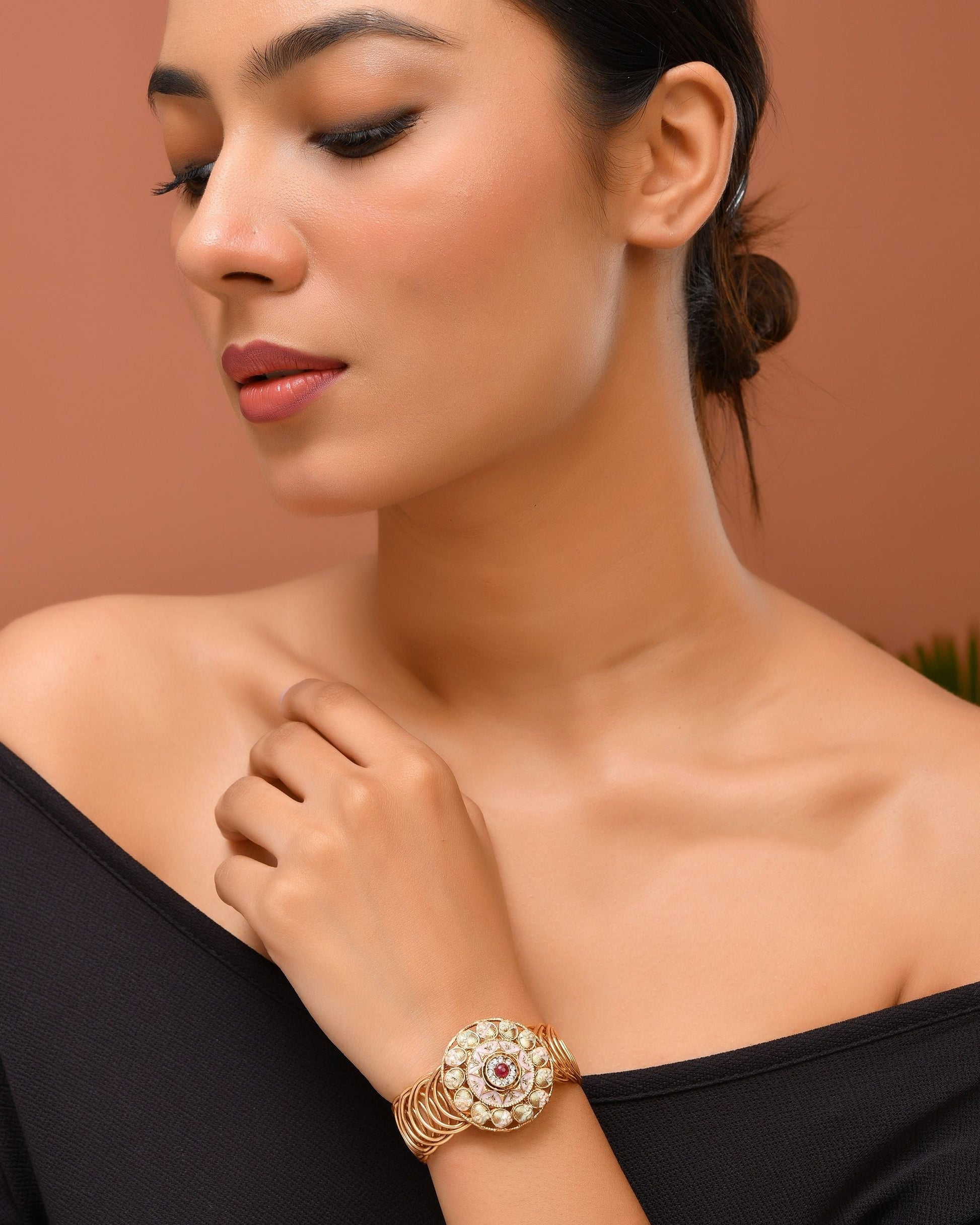 VOJ Stainless Steel Gold Polished Kundan Studded Wraparound Circular Bracelet 