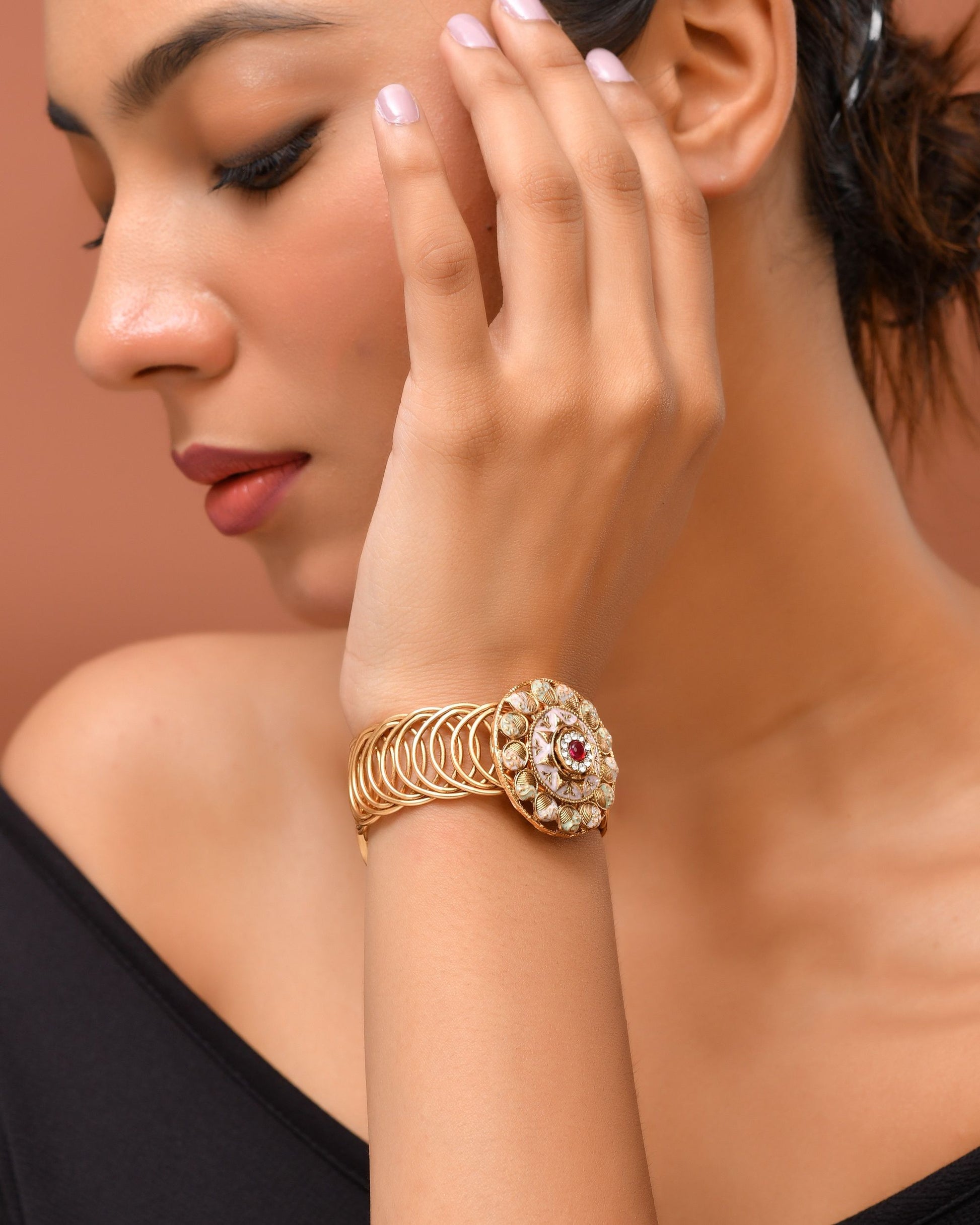 VOJ Stainless Steel Gold Polished Kundan Studded Wraparound Circular Bracelet 