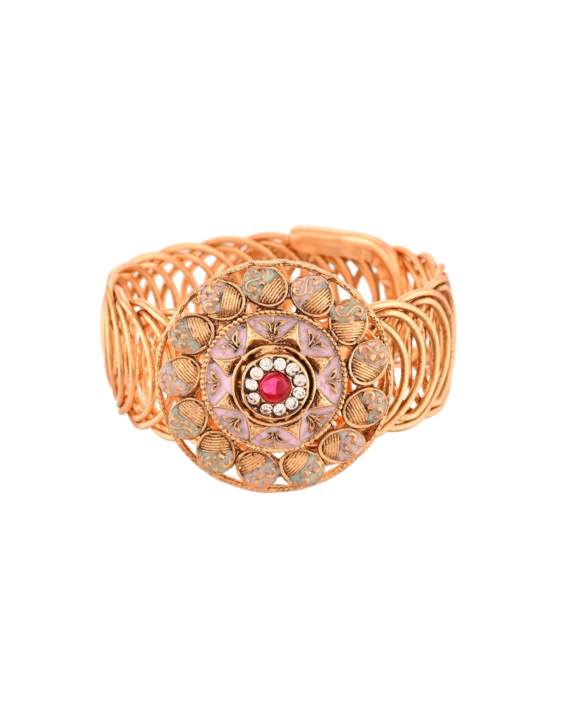 VOJ Stainless Steel Gold Polished Kundan Studded Wraparound Circular Bracelet 