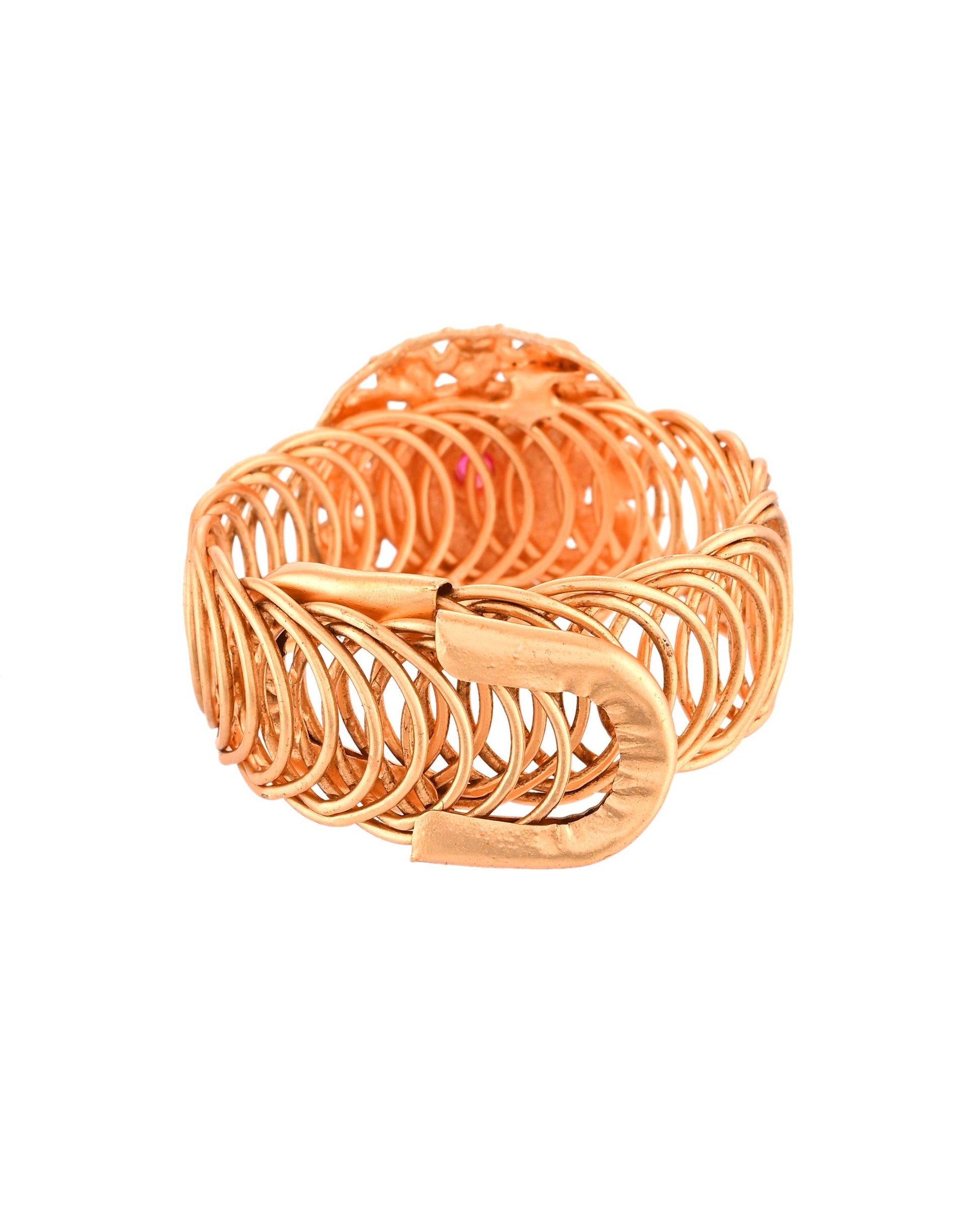 VOJ Stainless Steel Gold Polished Kundan Studded Wraparound Circular Bracelet 