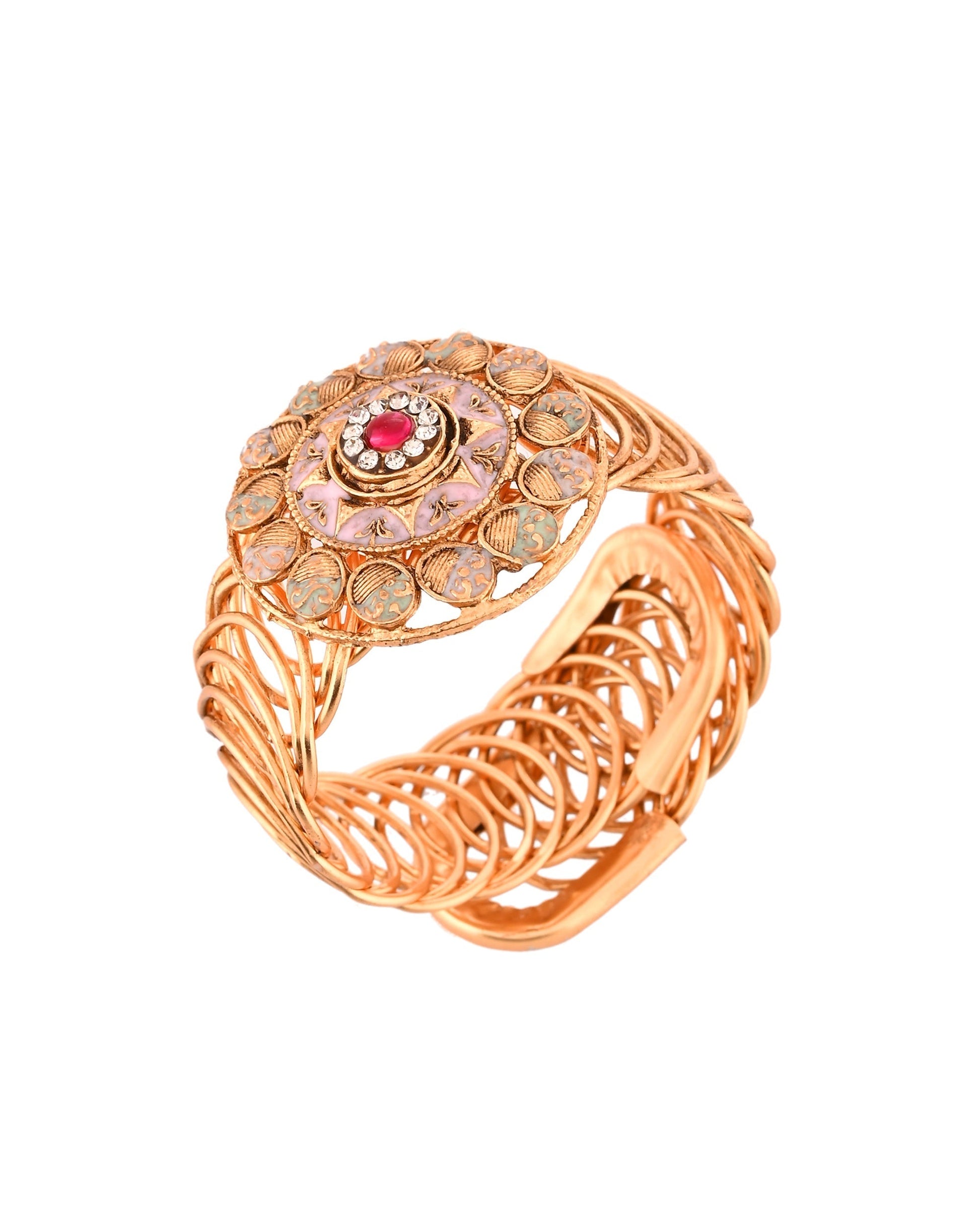 VOJ Stainless Steel Gold Polished Kundan Studded Wraparound Circular Bracelet 