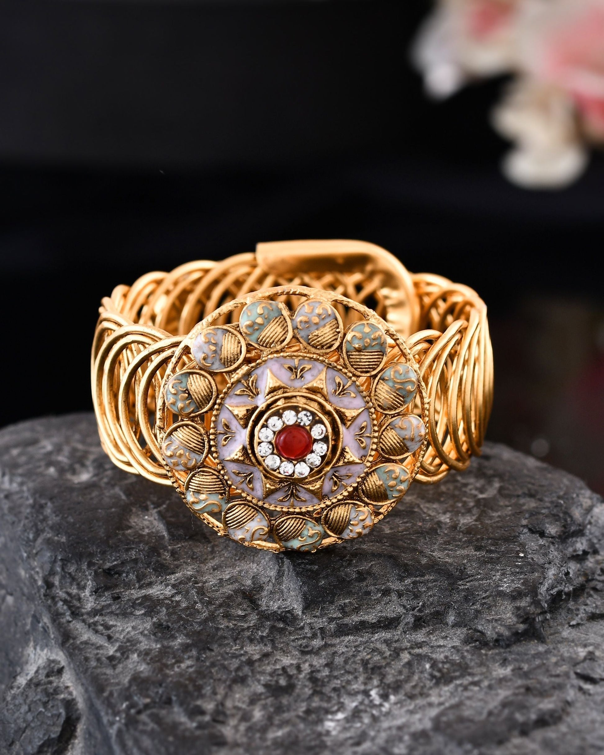 VOJ Stainless Steel Gold Polished Kundan Studded Wraparound Circular Bracelet 