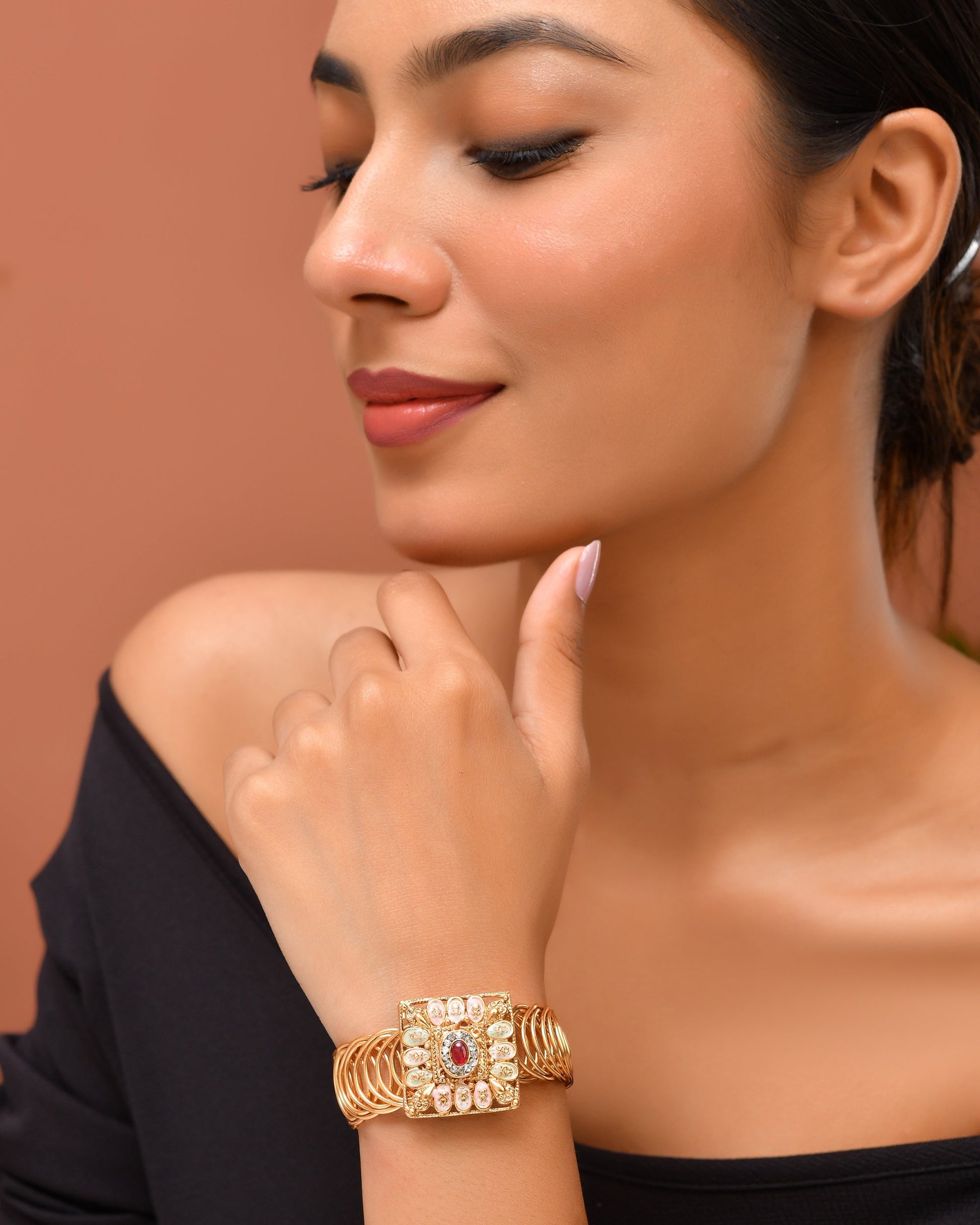 VOJ Stainless Steel Gold Polished Kundan Studded Wraparound Square Bracelet 