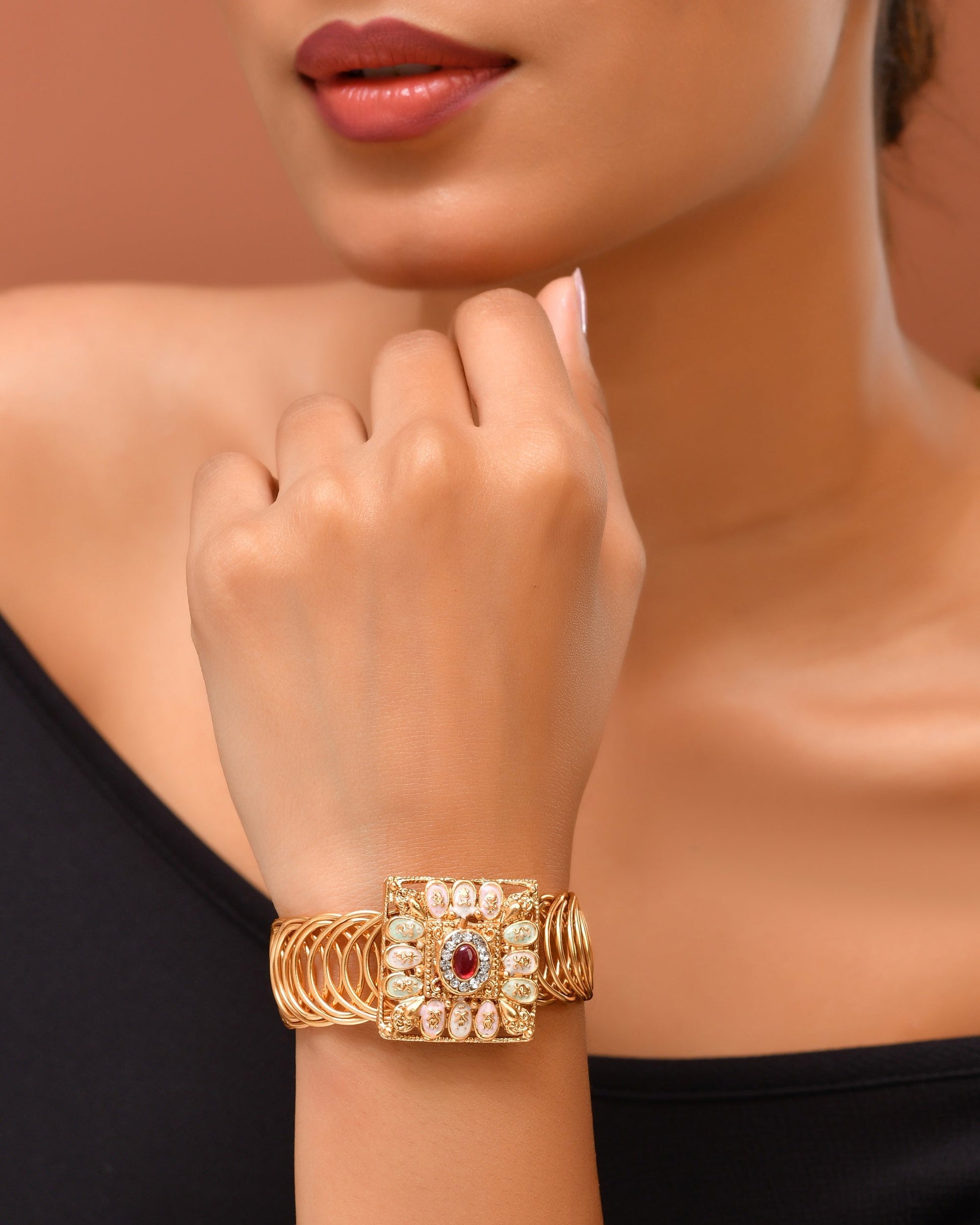 VOJ Stainless Steel Gold Polished Kundan Studded Wraparound Square Bracelet 