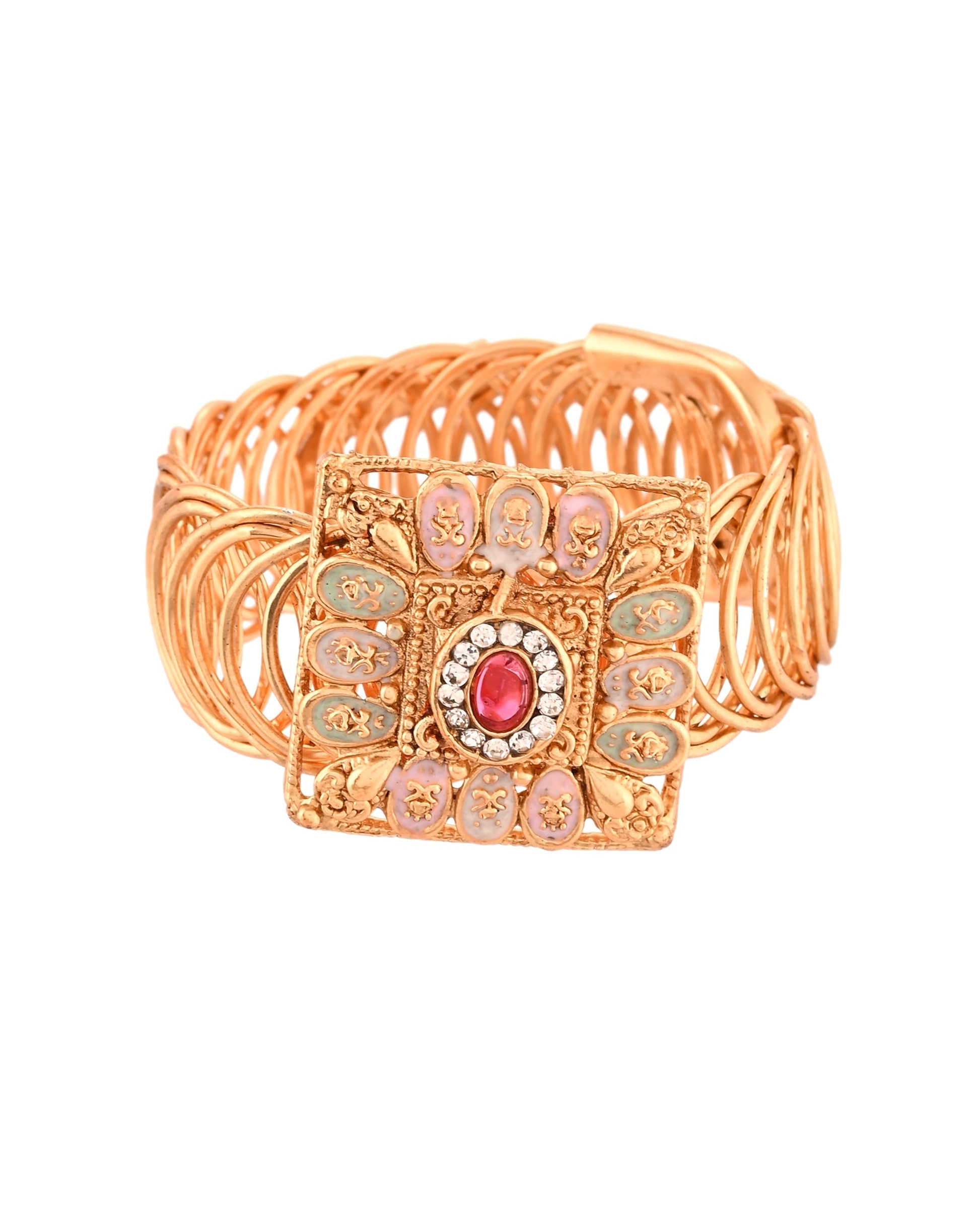 VOJ Stainless Steel Gold Polished Kundan Studded Wraparound Square Bracelet 
