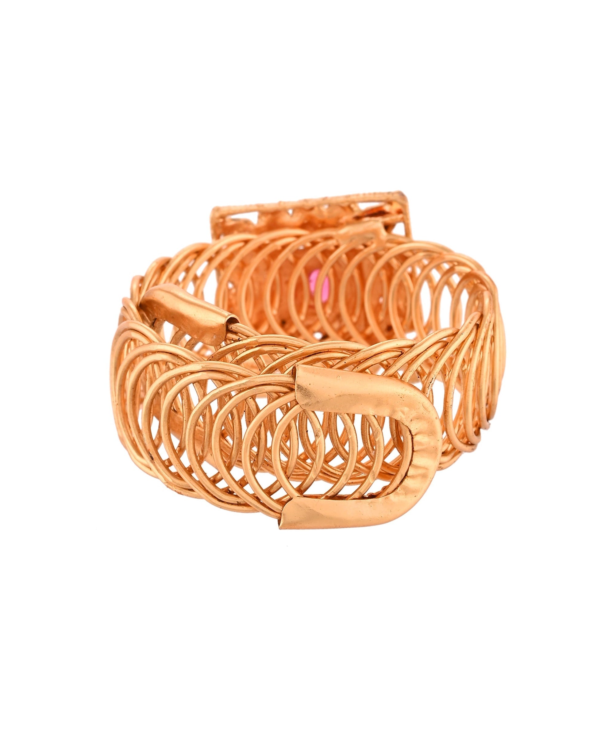 VOJ Stainless Steel Gold Polished Kundan Studded Wraparound Square Bracelet 