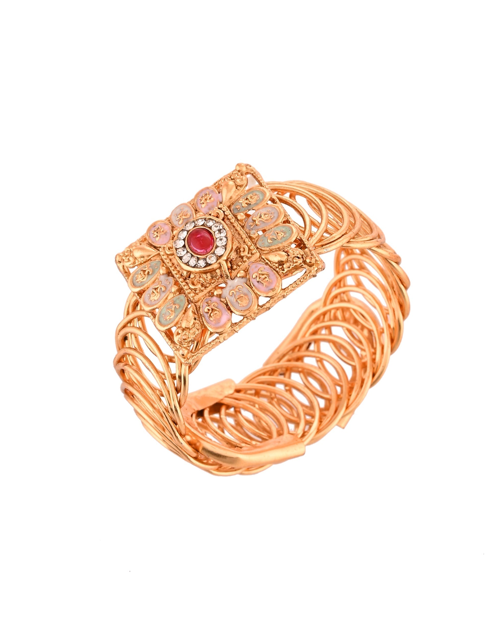 VOJ Stainless Steel Gold Polished Kundan Studded Wraparound Square Bracelet 