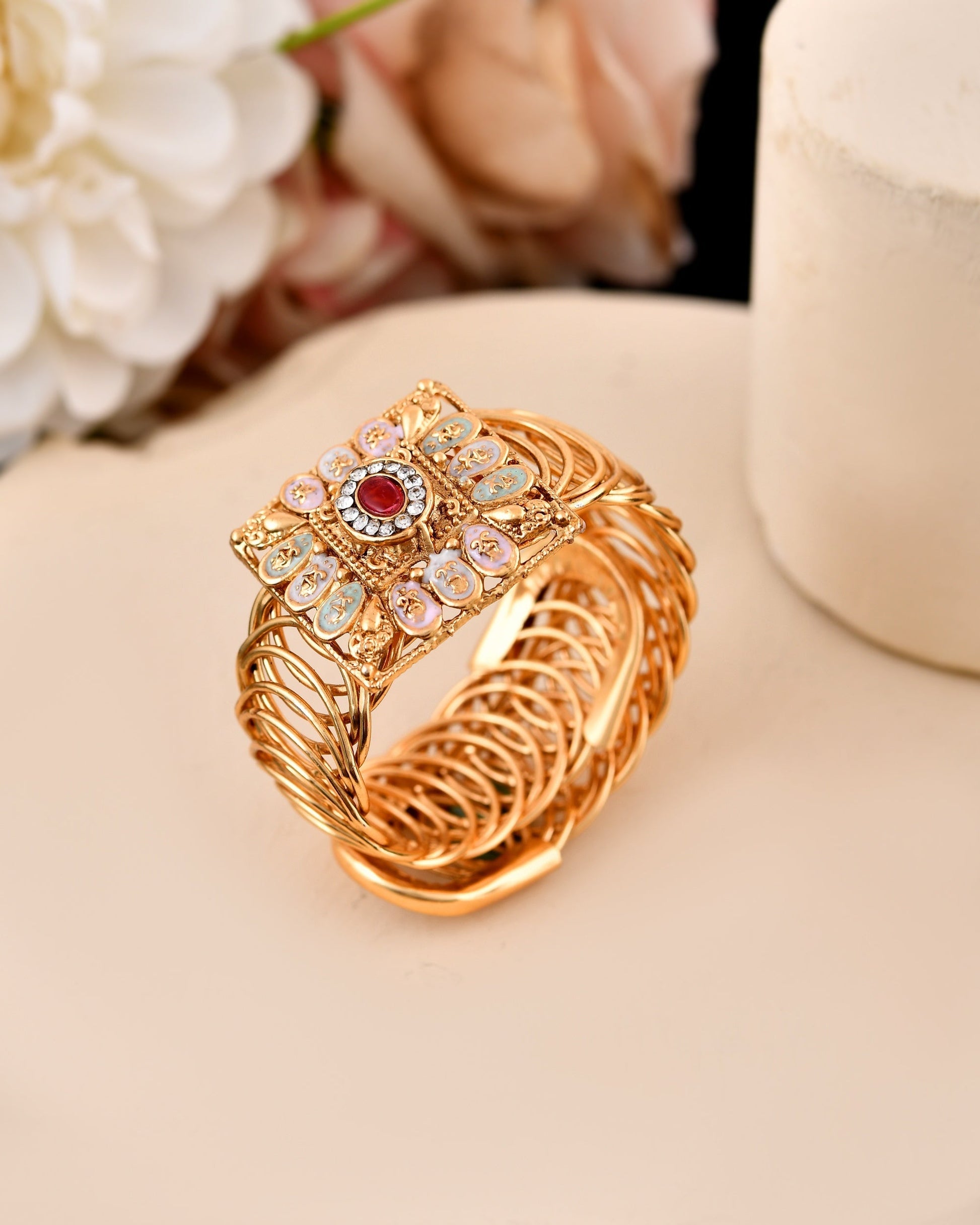 VOJ Stainless Steel Gold Polished Kundan Studded Wraparound Square Bracelet 