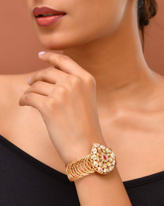 VOJ Stainless Steel Gold Polished Kundan Studded Wraparound Bracelet 