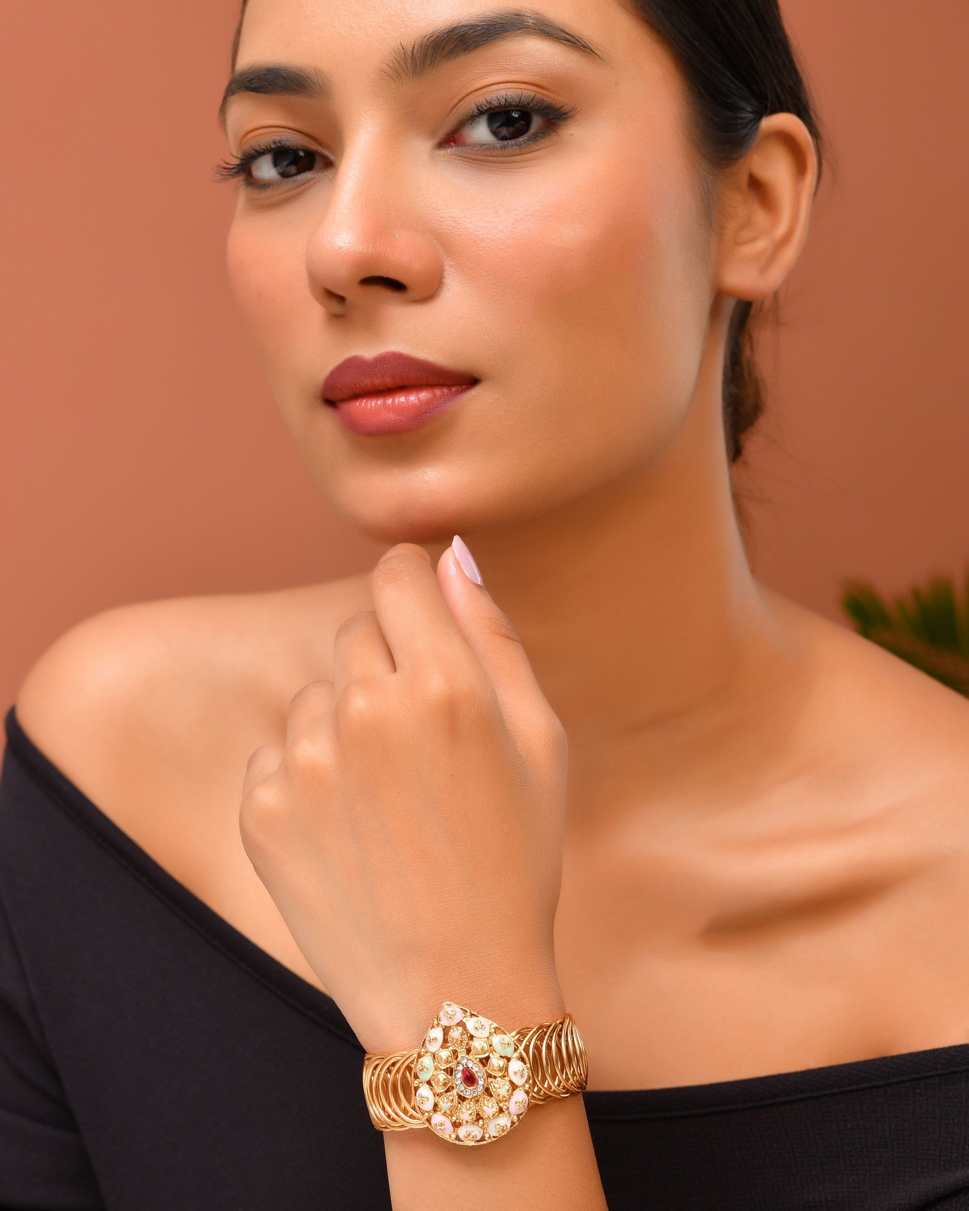 VOJ Stainless Steel Gold Polished Kundan Studded Wraparound Bracelet 