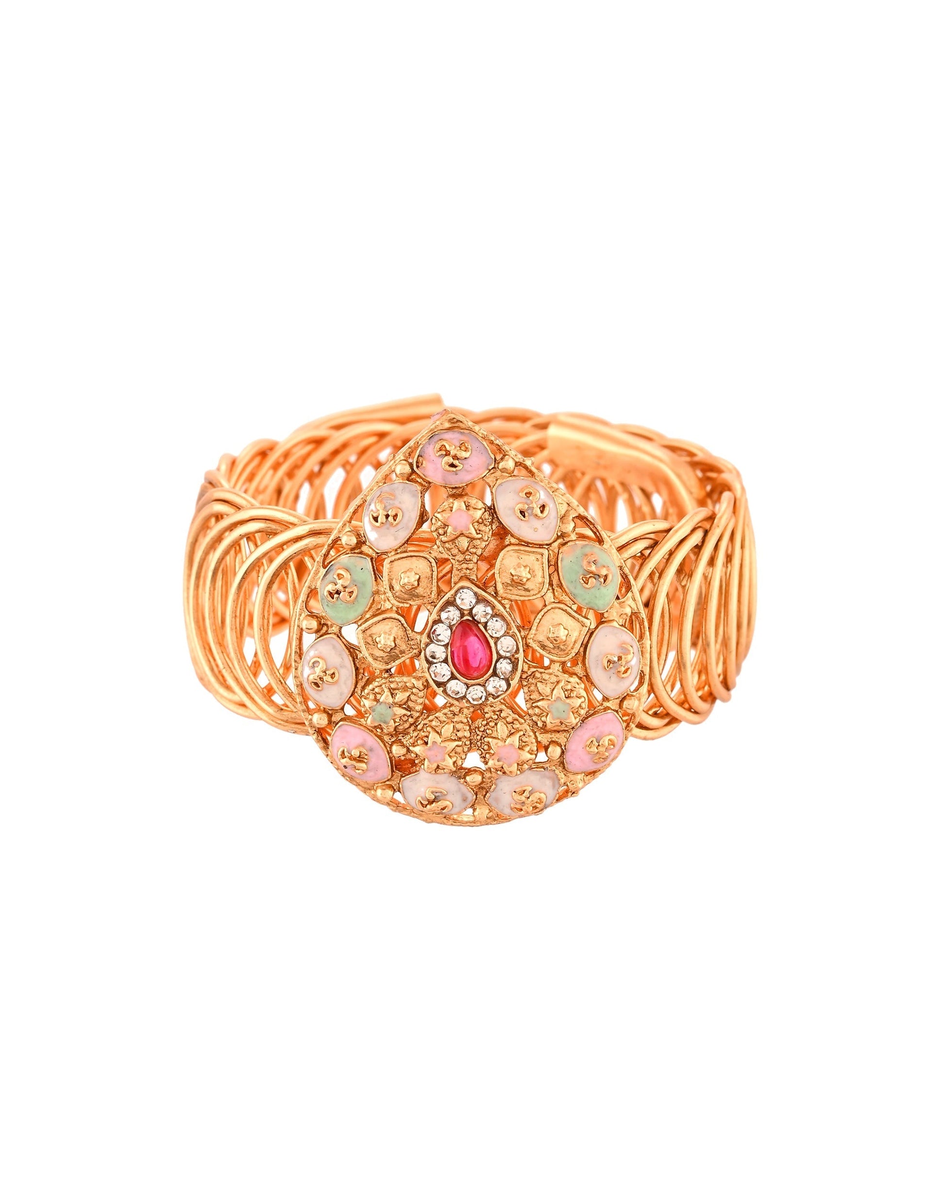 VOJ Stainless Steel Gold Polished Kundan Studded Wraparound Bracelet 