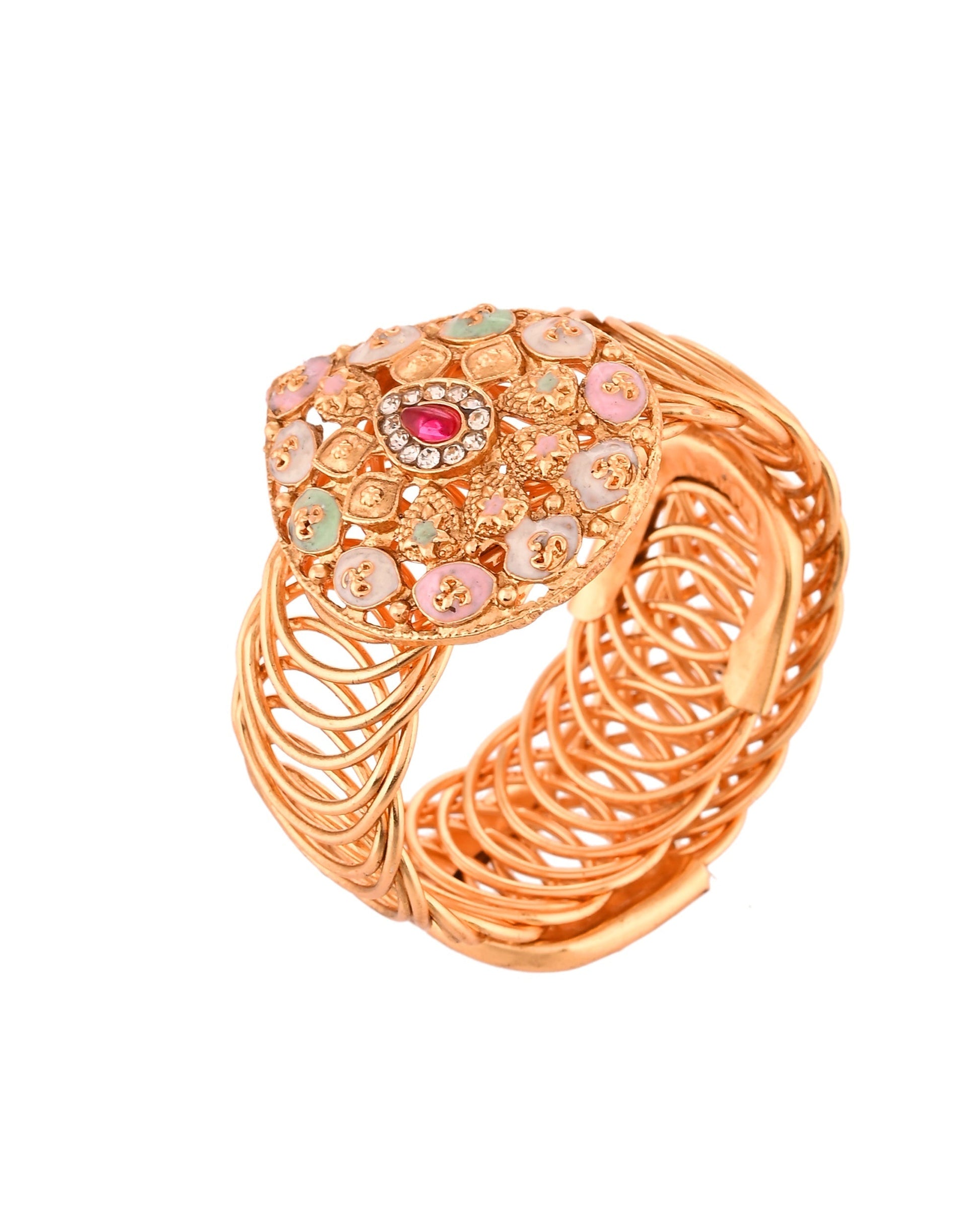 VOJ Stainless Steel Gold Polished Kundan Studded Wraparound Bracelet 