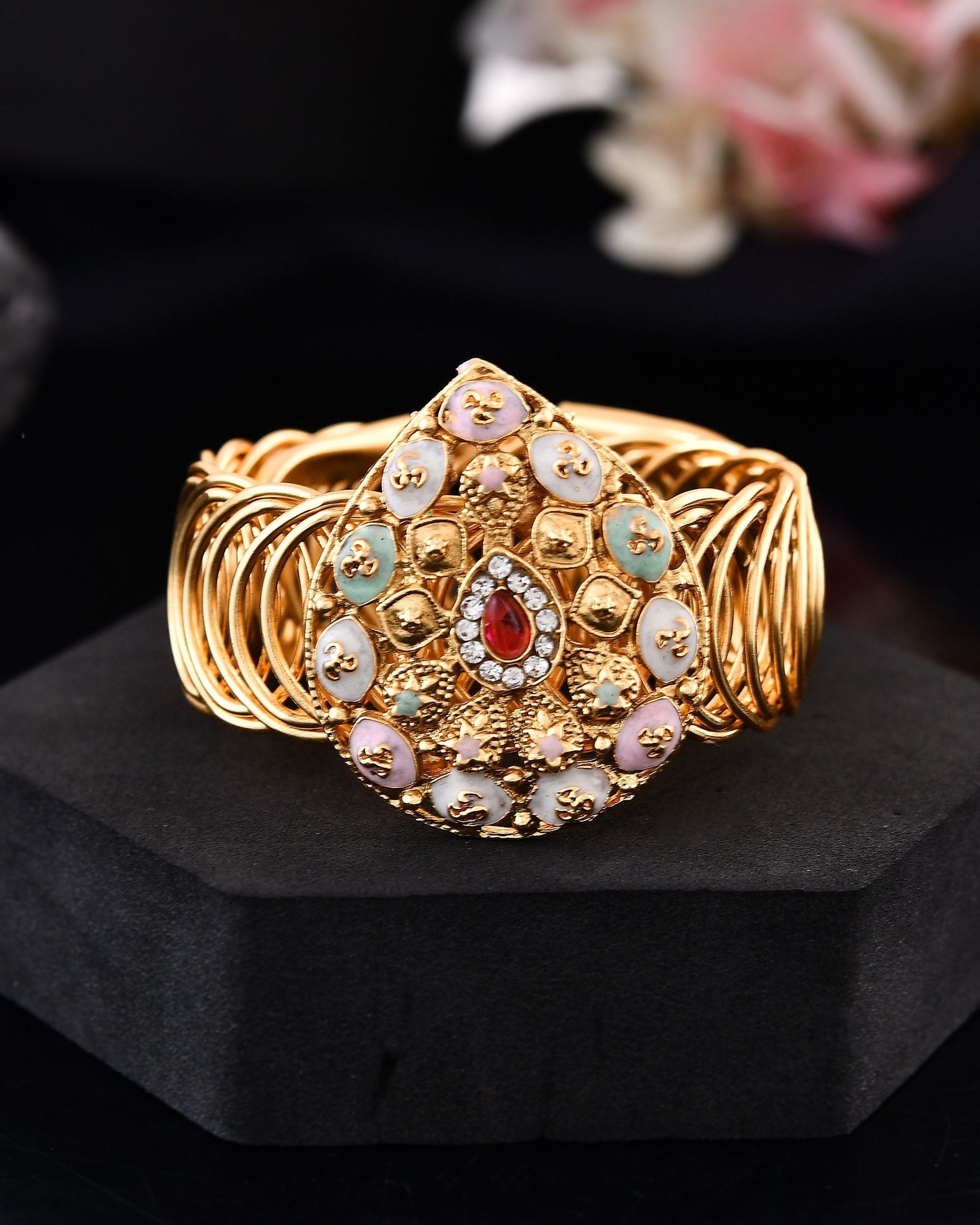VOJ Stainless Steel Gold Polished Kundan Studded Wraparound Bracelet 