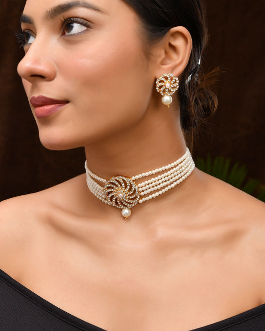 VOJ Gold Polished Stone And Pearl Studded Traditional Chokar Set 