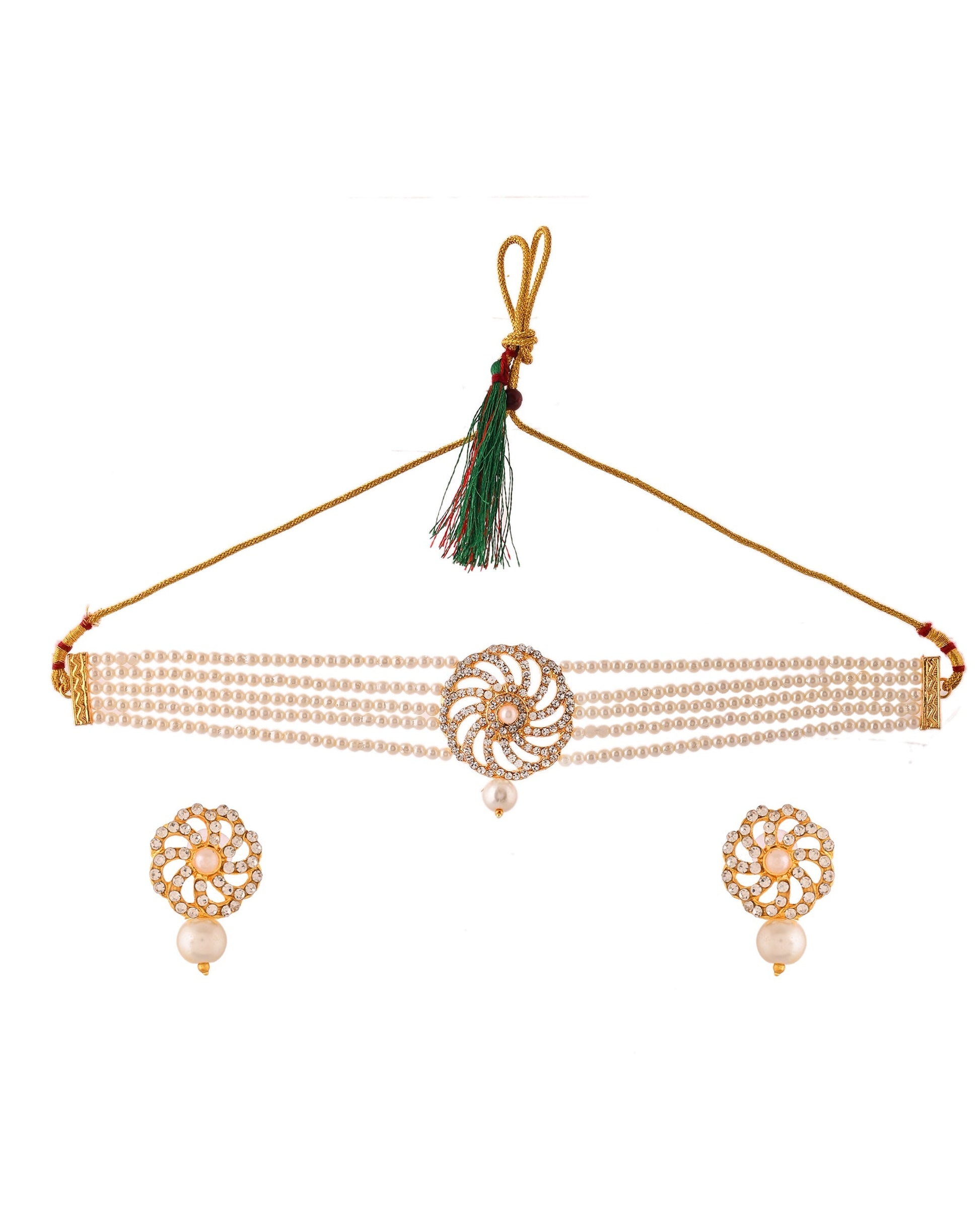 VOJ Gold Polished Stone And Pearl Studded Traditional Chokar Set 