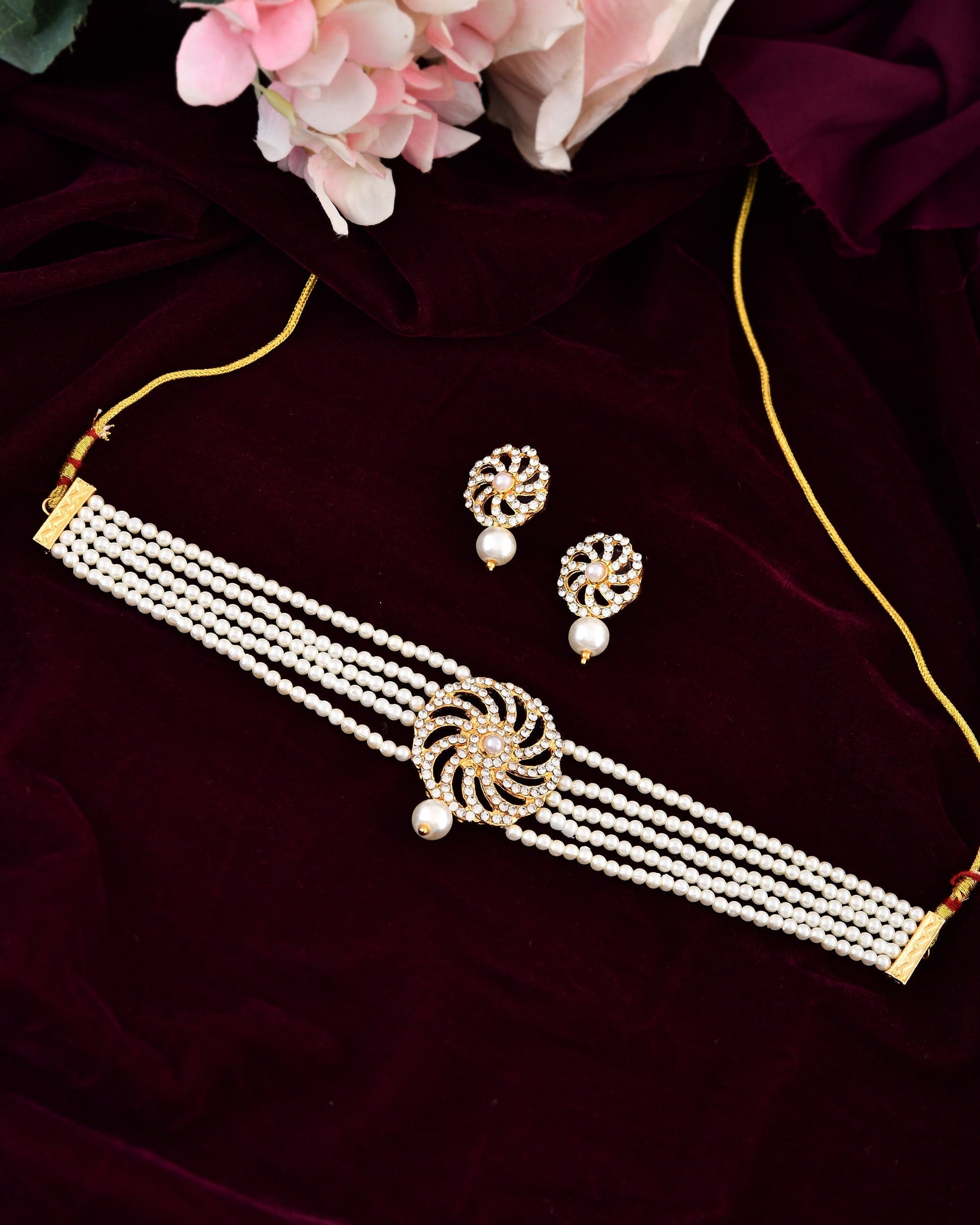 VOJ Gold Polished Stone And Pearl Studded Traditional Chokar Set 