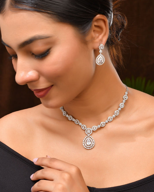 VOJ Silver Plated AD Stone Studded Elegant Necklace And Earrings Set 