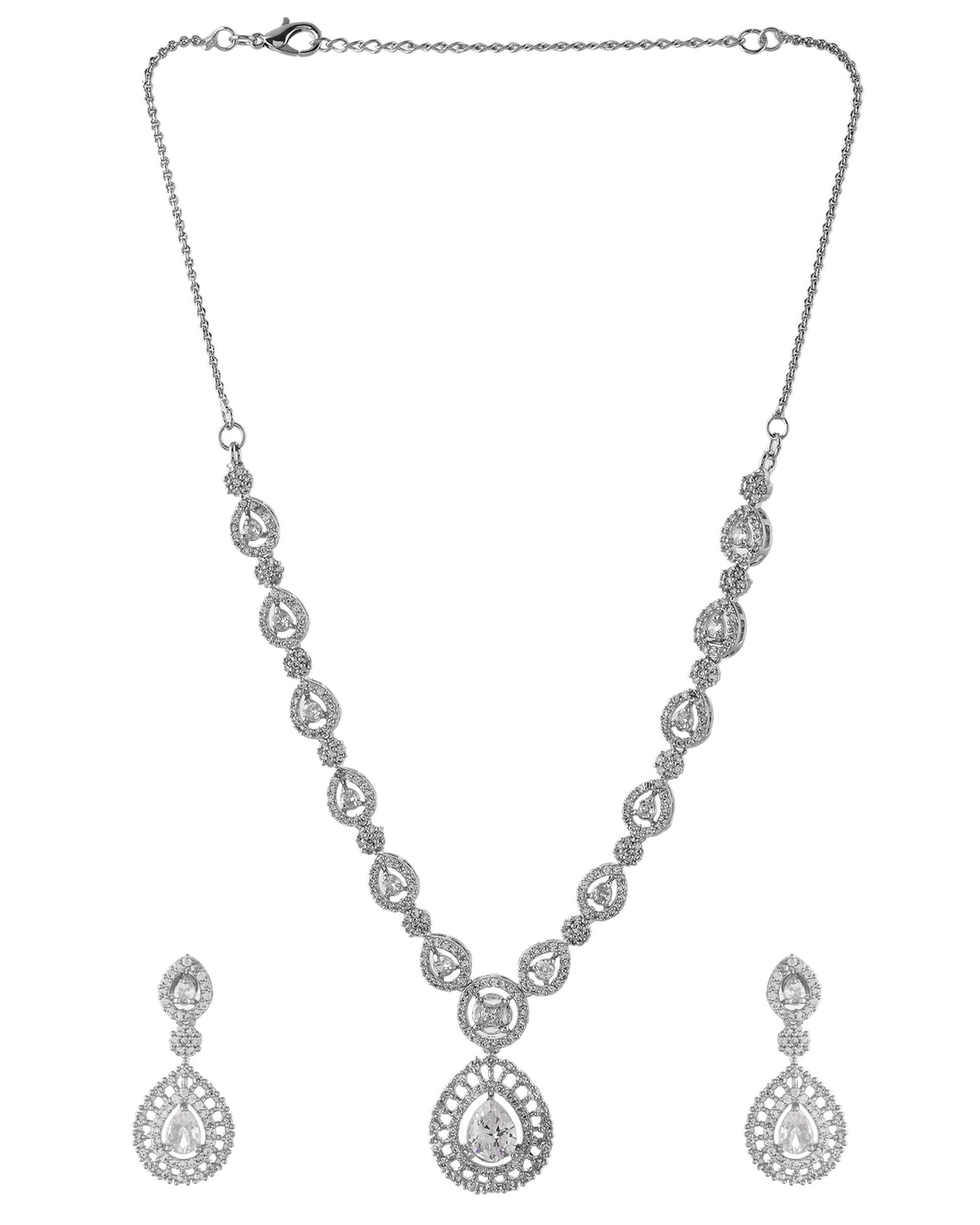VOJ Silver Plated AD Stone Studded Elegant Necklace And Earrings Set 