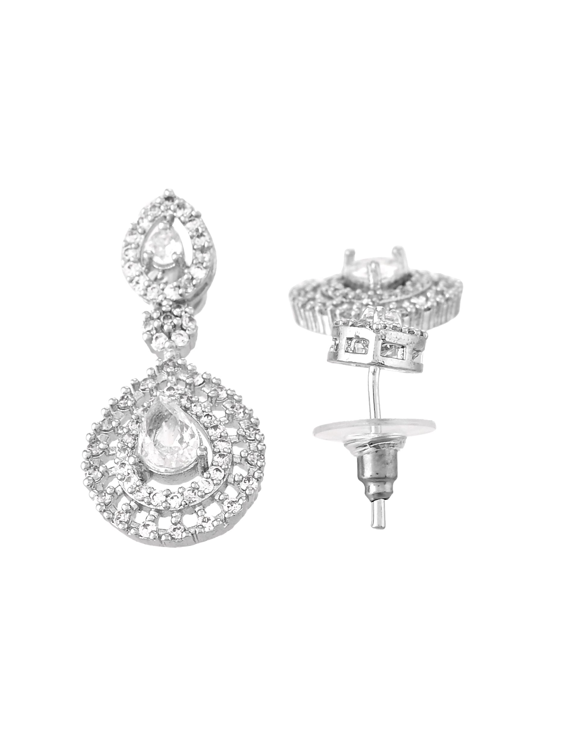 VOJ Silver Plated AD Stone Studded Elegant Necklace And Earrings Set 