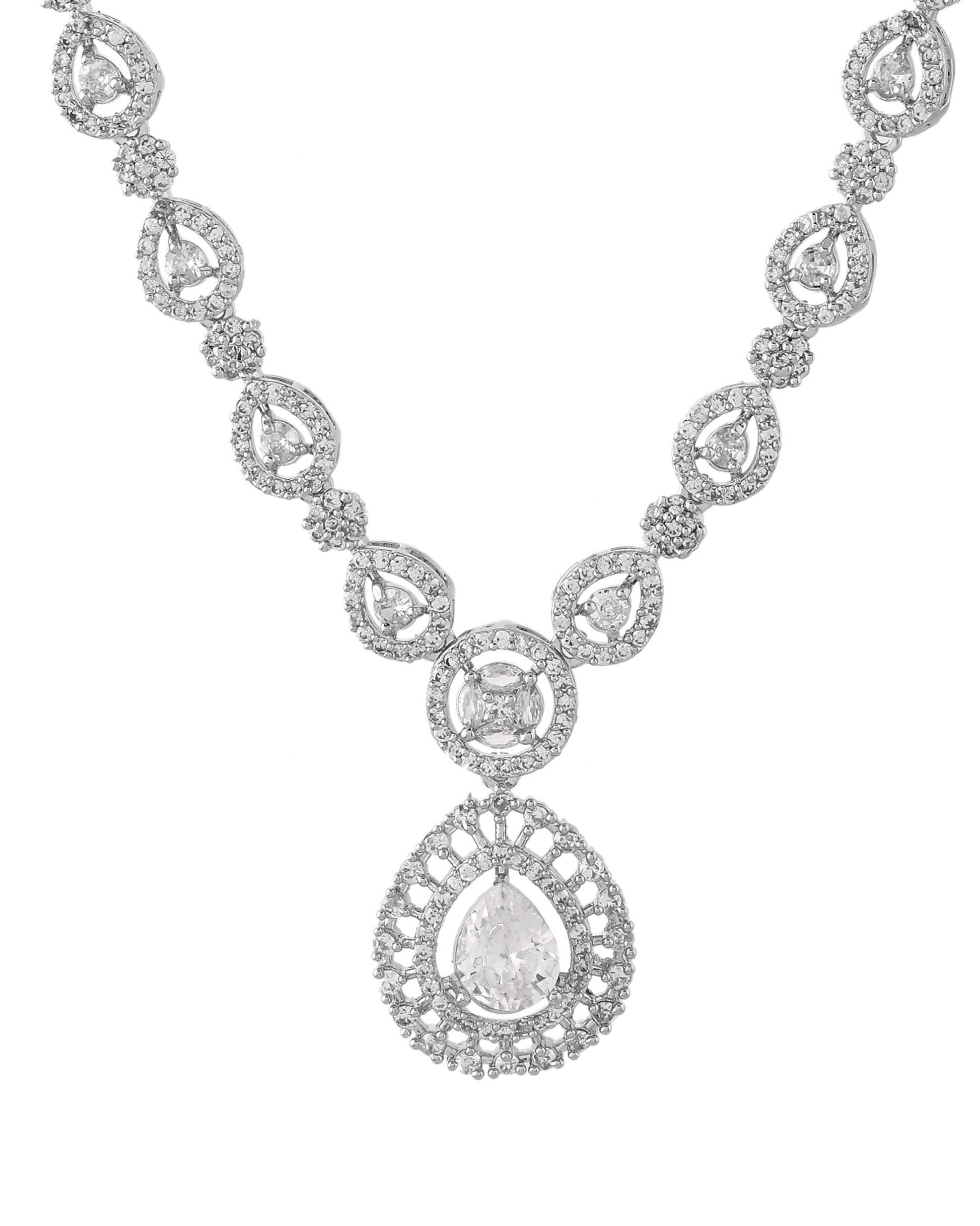 VOJ Silver Plated AD Stone Studded Elegant Necklace And Earrings Set 