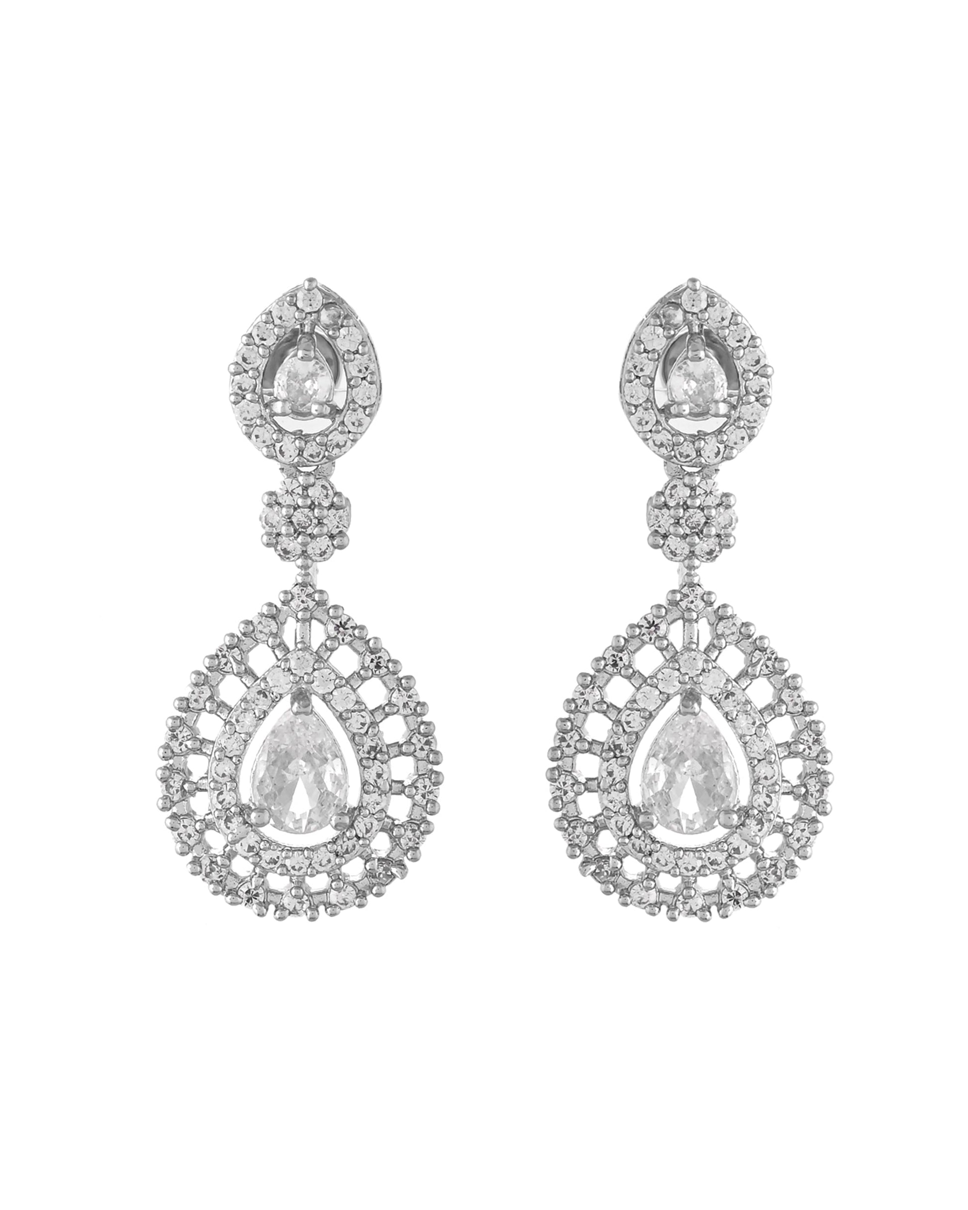 VOJ Silver Plated AD Stone Studded Elegant Necklace And Earrings Set 