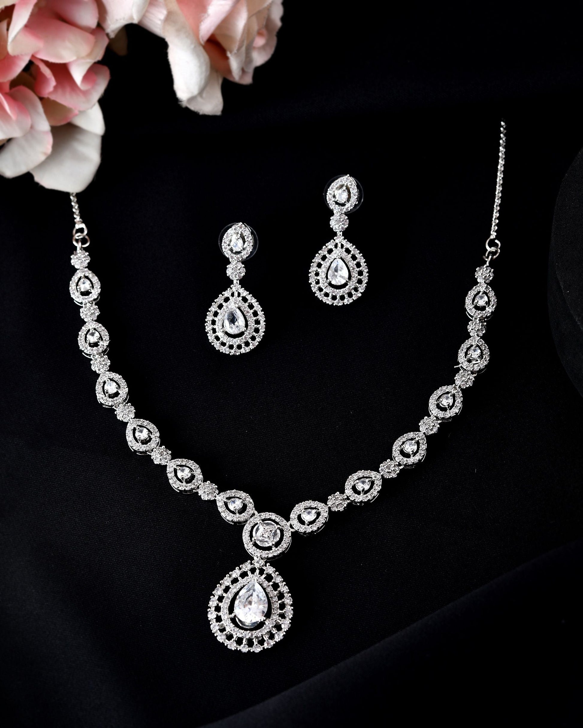 VOJ Silver Plated AD Stone Studded Elegant Necklace And Earrings Set 