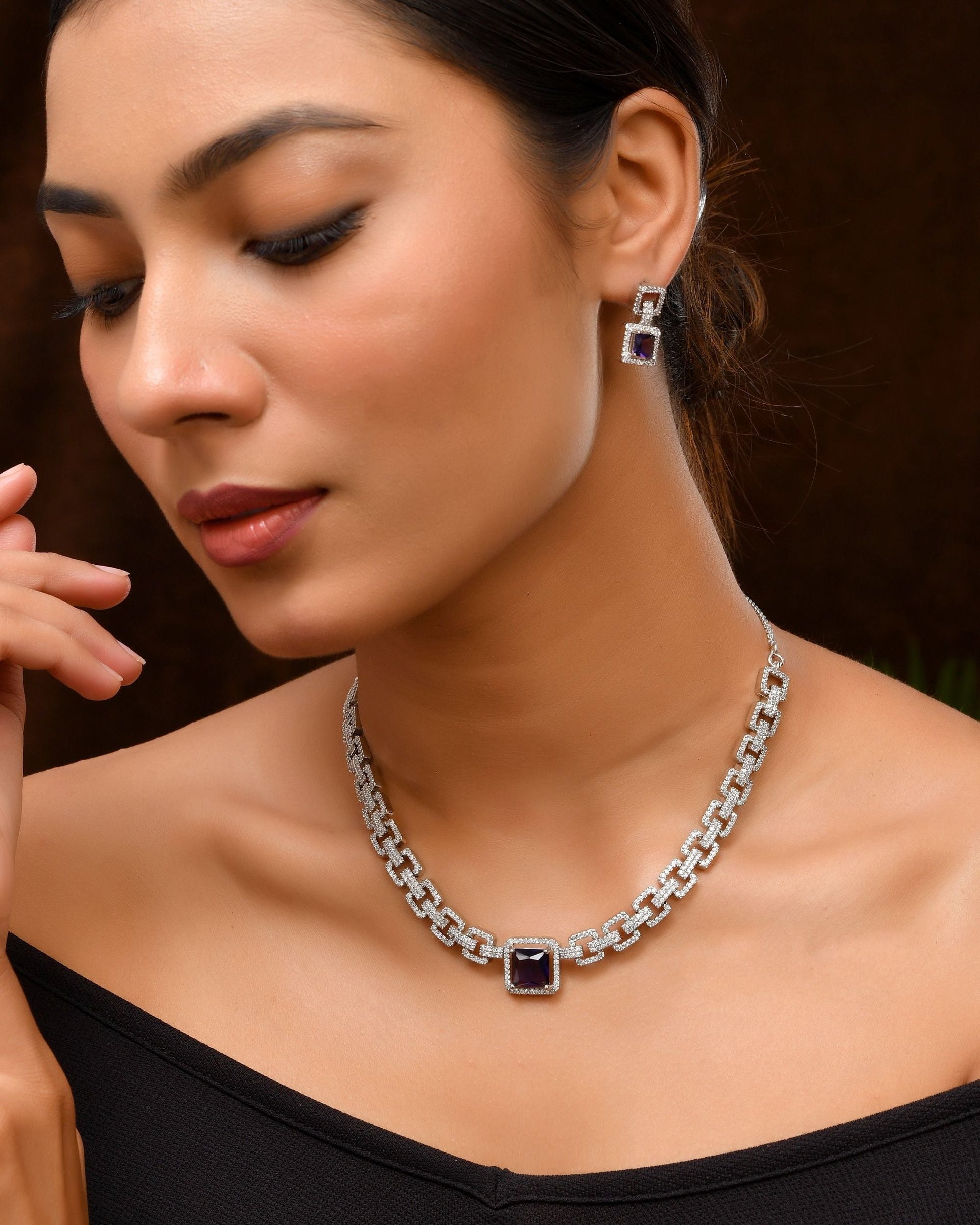 VOJ Silver Plated Geometric Shaped CZ Stone Studded Jewellery Set  Grab2Buy VOJ Grab2Buy