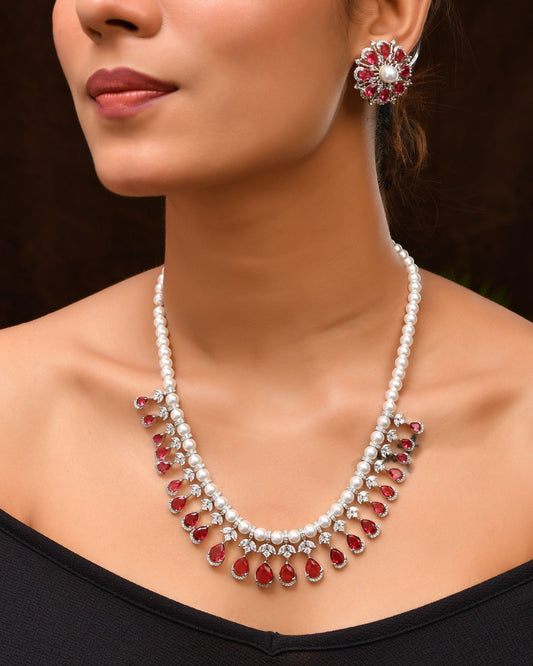 VOJ Silver Plated CZ And Pearl Studded Handcrafted Necklace With Earrings Set  Grab2Buy VOJ Grab2Buy