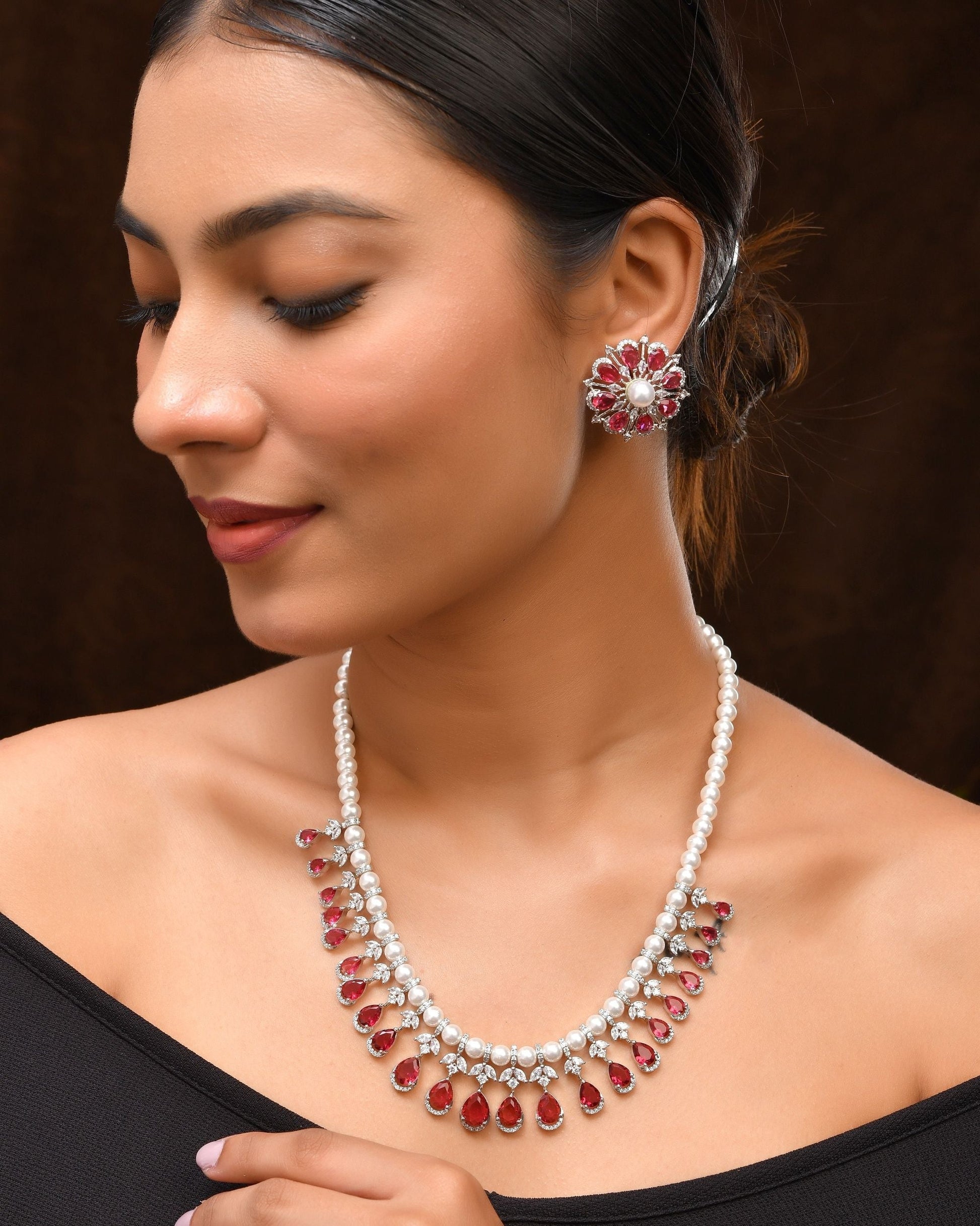 VOJ Silver Plated CZ And Pearl Studded Handcrafted Necklace With Earrings Set  Grab2Buy VOJ Grab2Buy