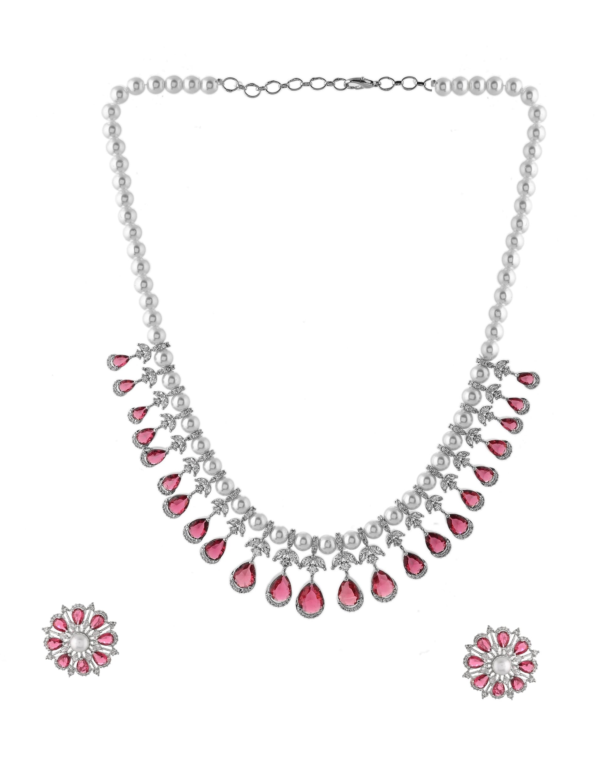 VOJ Silver Plated CZ And Pearl Studded Handcrafted Necklace With Earrings Set  Grab2Buy VOJ Grab2Buy