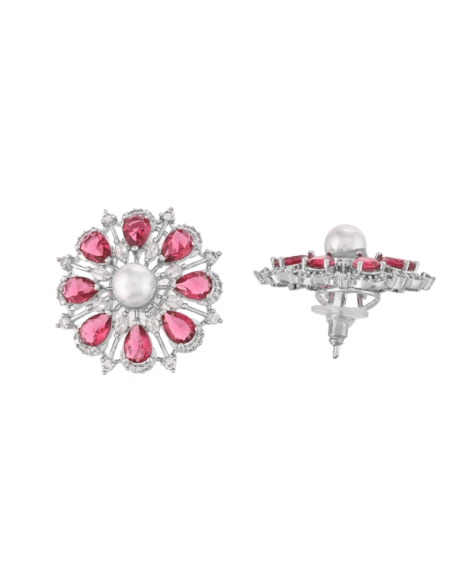 VOJ Silver Plated CZ And Pearl Studded Handcrafted Necklace With Earrings Set  Grab2Buy VOJ Grab2Buy