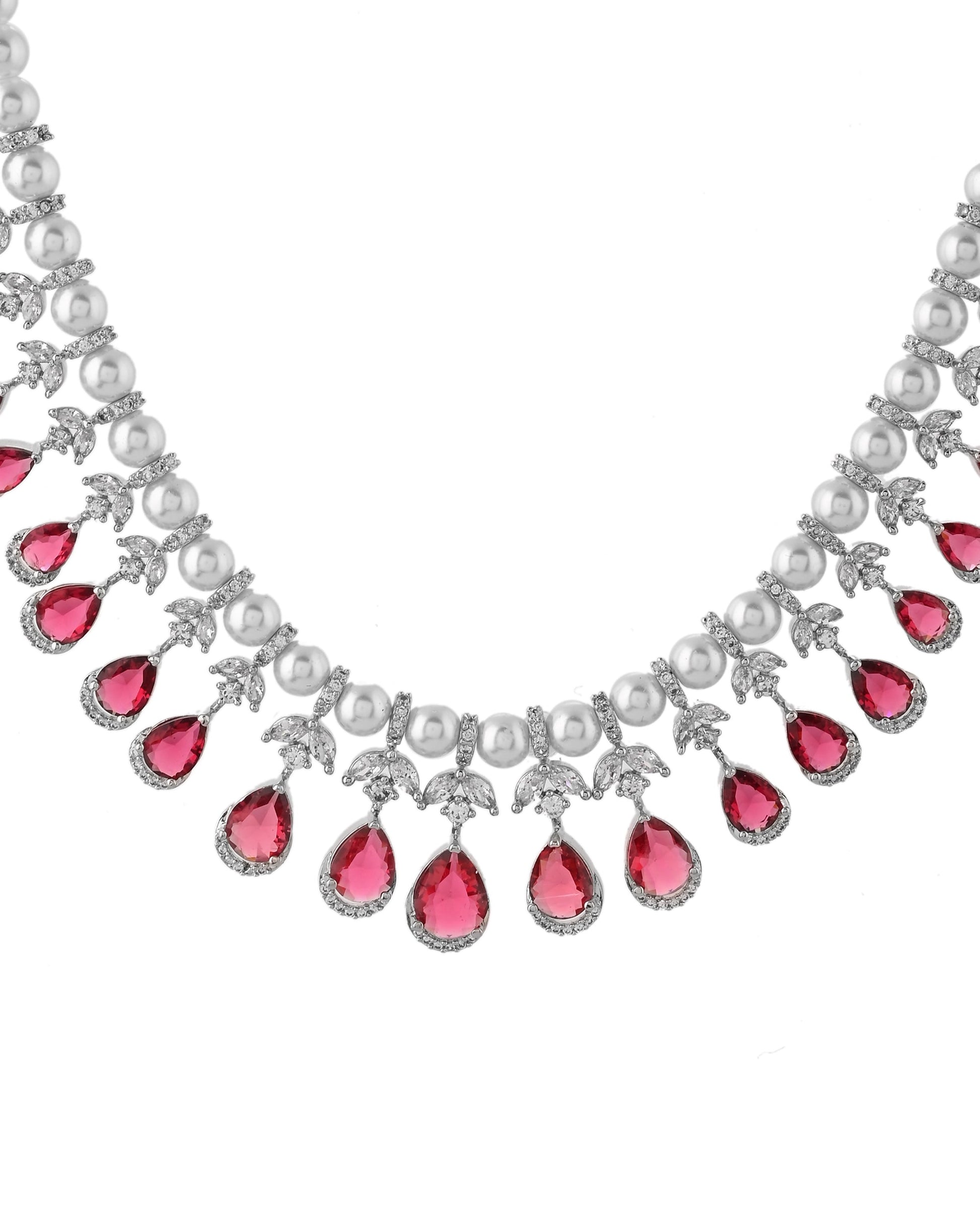 VOJ Silver Plated CZ And Pearl Studded Handcrafted Necklace With Earrings Set  Grab2Buy VOJ Grab2Buy
