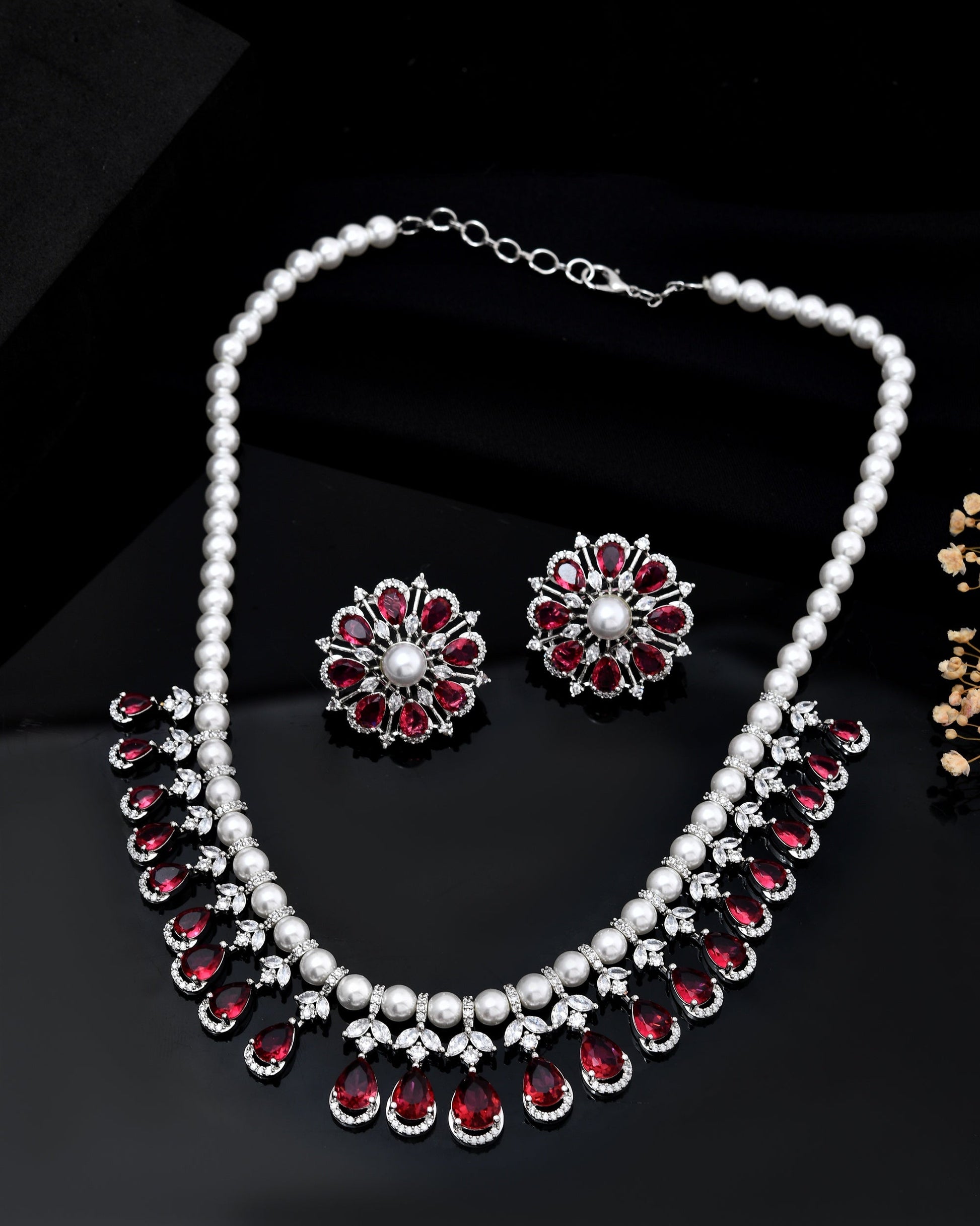 VOJ Silver Plated CZ And Pearl Studded Handcrafted Necklace With Earrings Set  Grab2Buy VOJ Grab2Buy