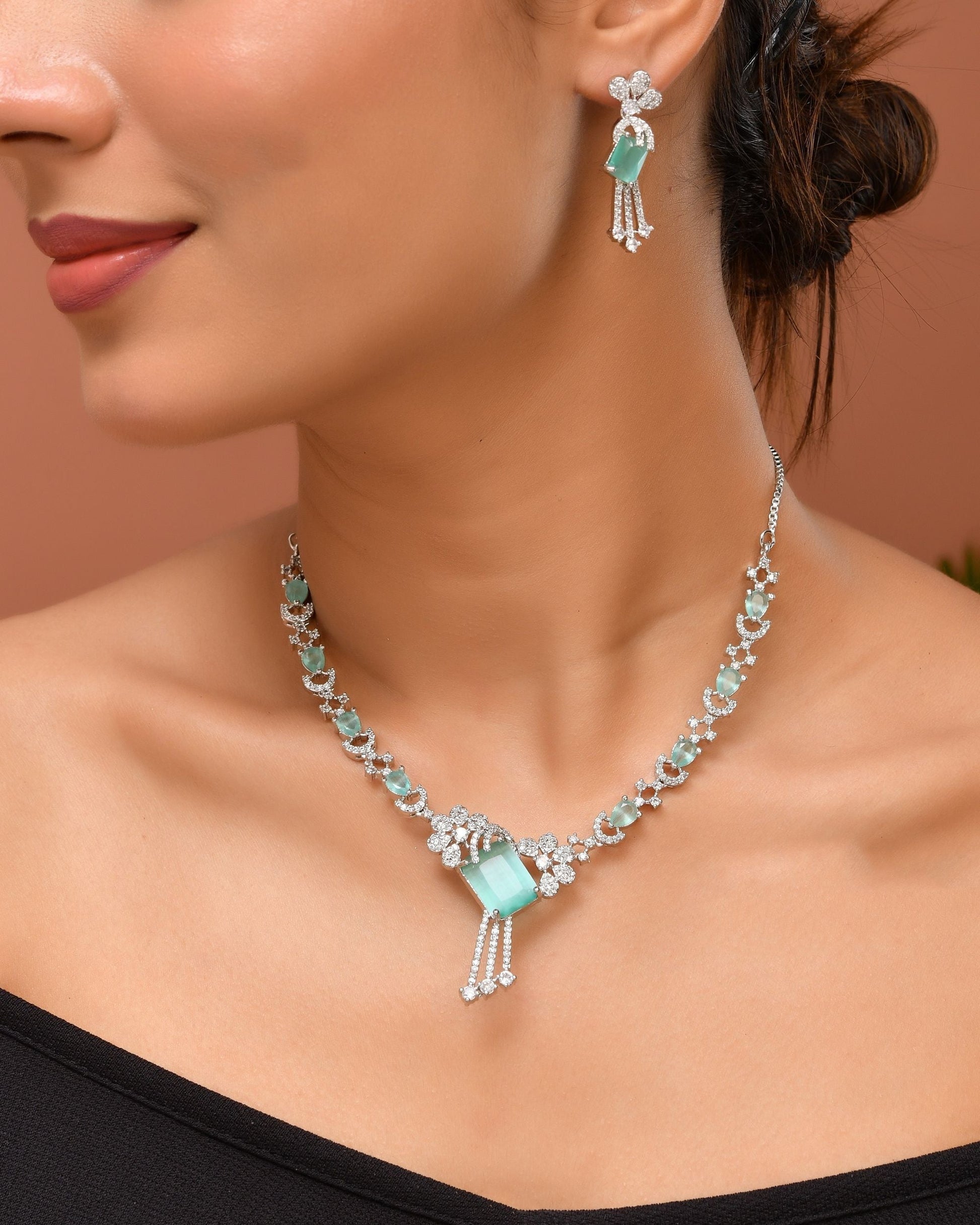 VOJ Silver Plated CZ Stone Studded Designer Necklace With Earrings Set  Grab2Buy VOJ Grab2Buy