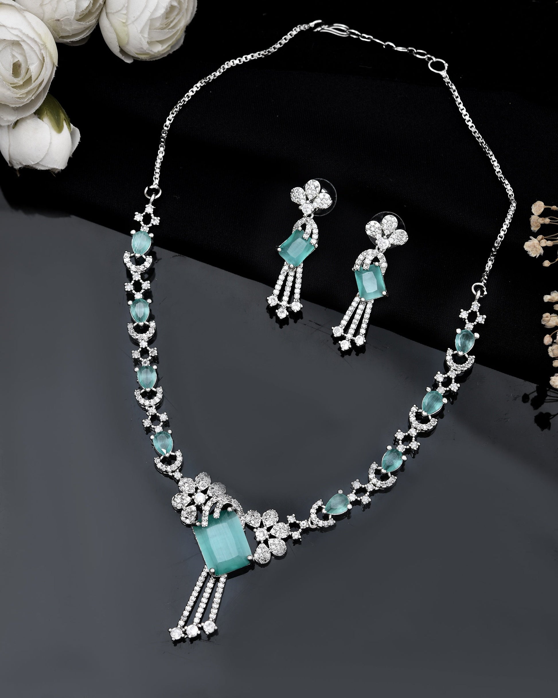 VOJ Silver Plated CZ Stone Studded Designer Necklace With Earrings Set  Grab2Buy VOJ Grab2Buy