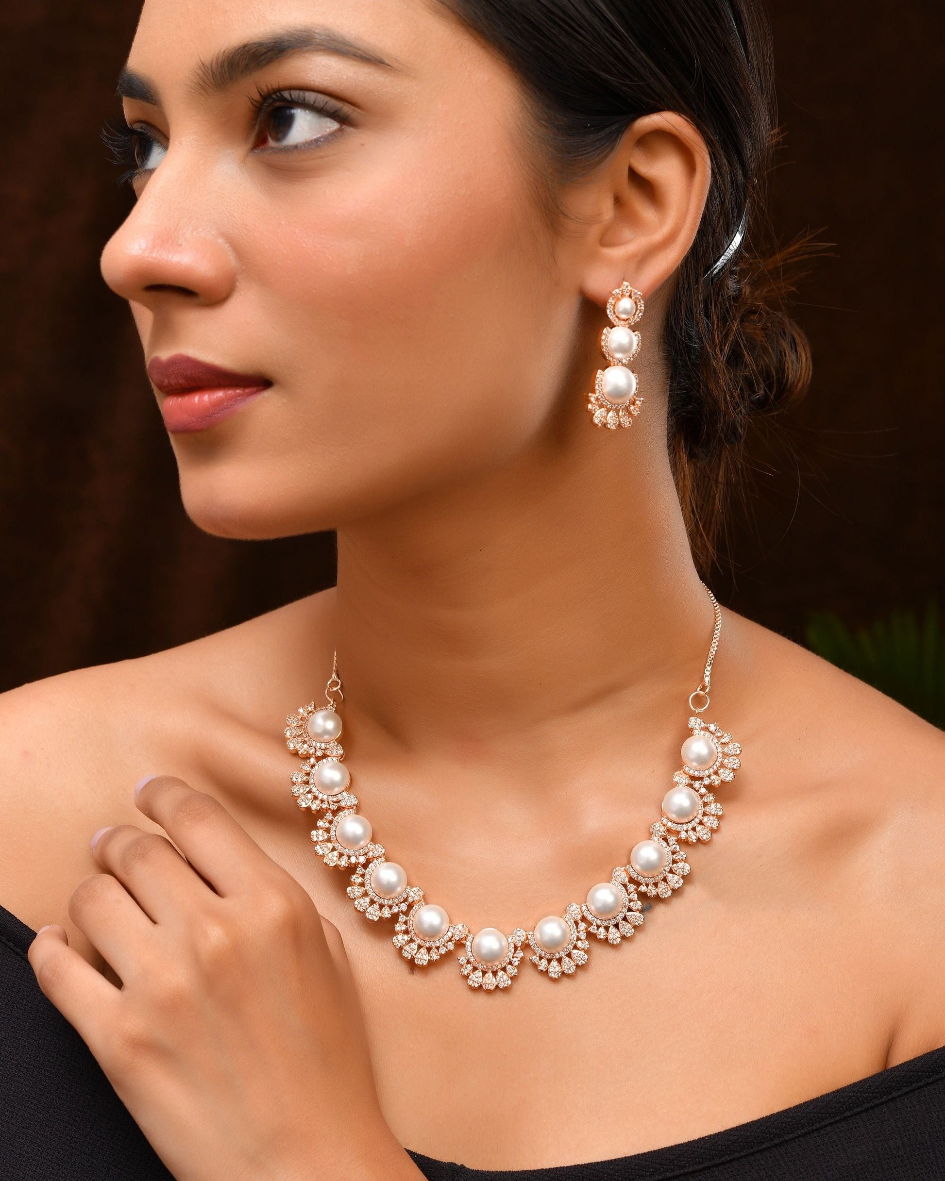 VOJ Rose-Gold Polished AD And Pearl Studded Jewellery Set  Grab2Buy VOJ Grab2Buy