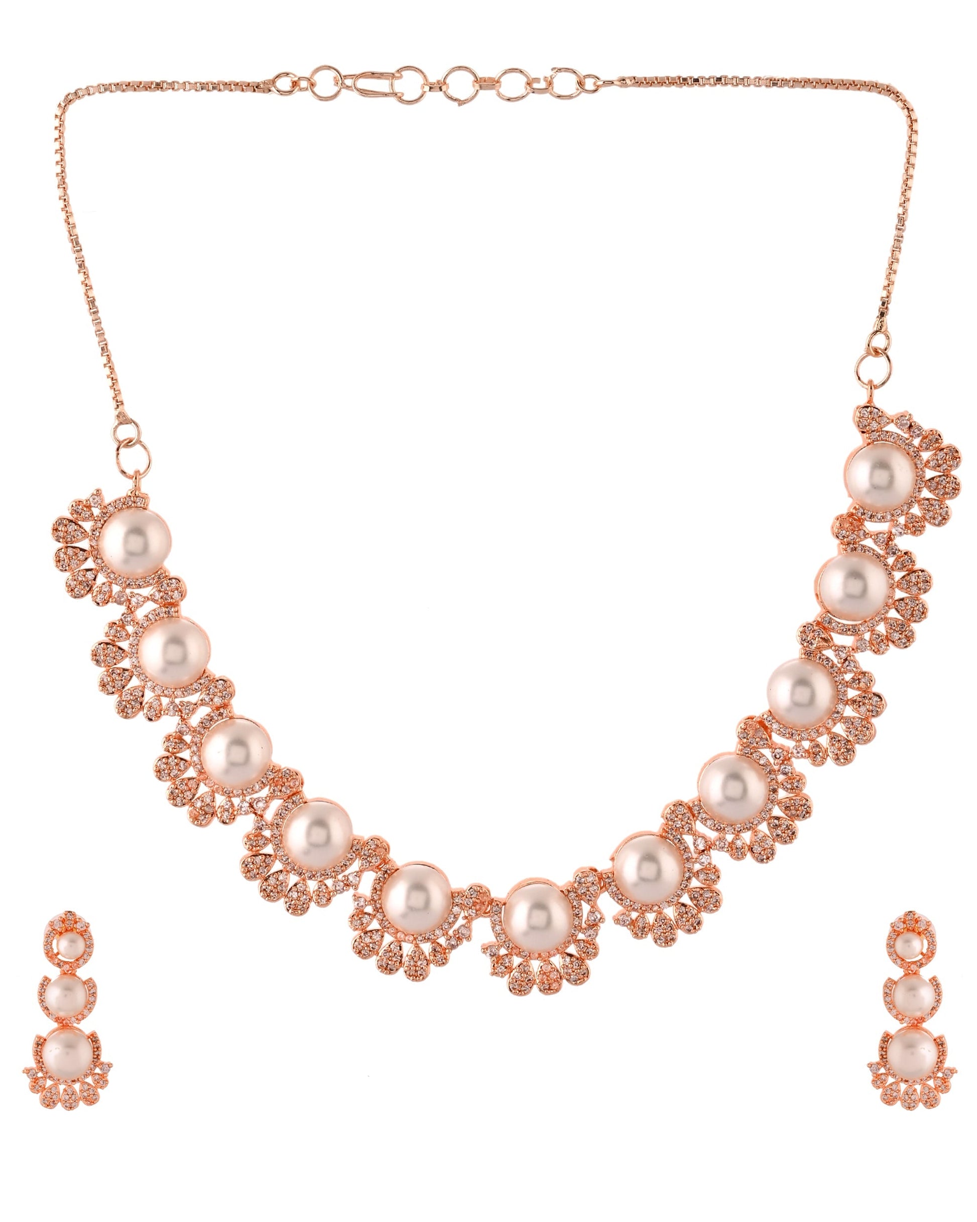 VOJ Rose-Gold Polished AD And Pearl Studded Jewellery Set  Grab2Buy VOJ Grab2Buy
