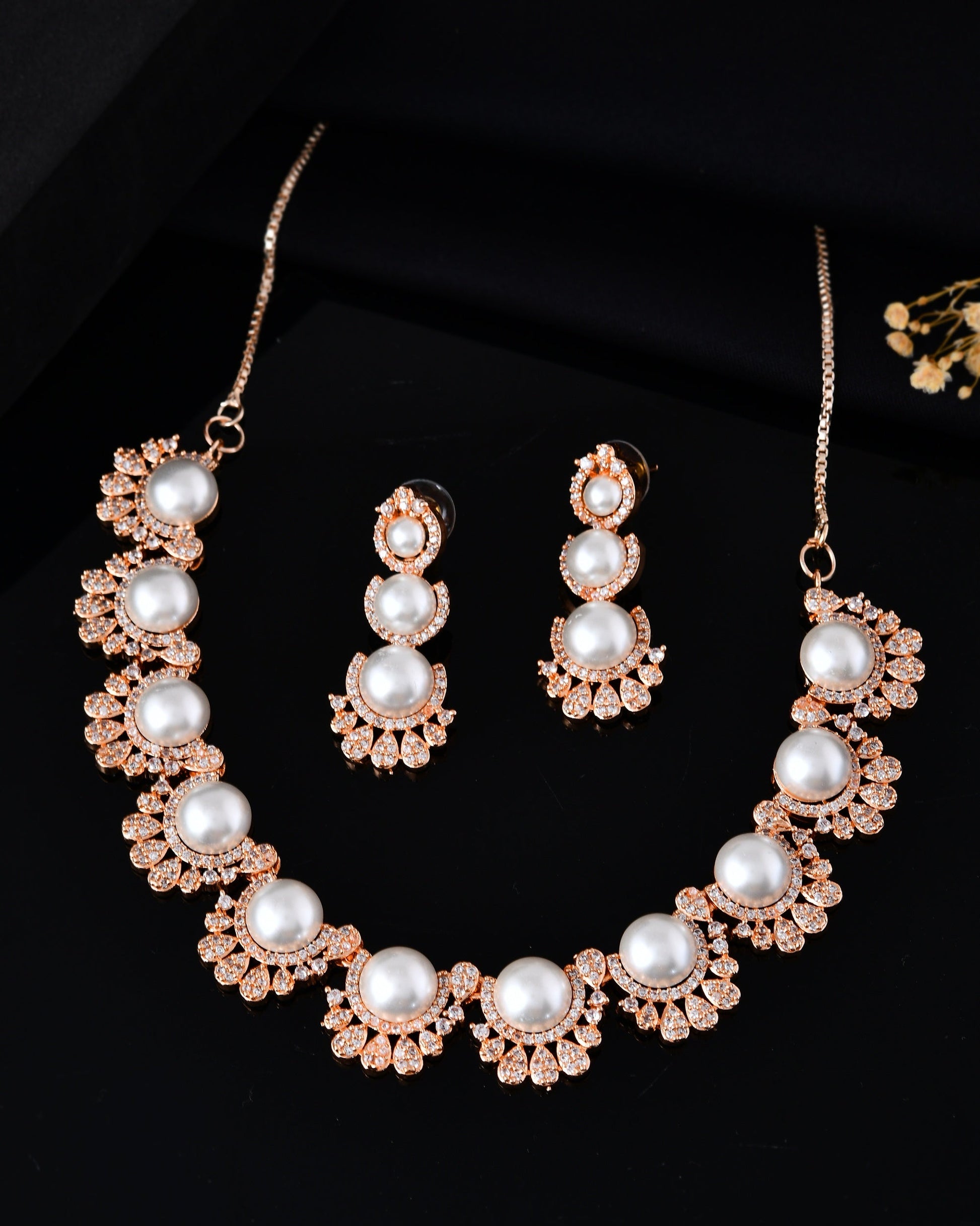 VOJ Rose-Gold Polished AD And Pearl Studded Jewellery Set  Grab2Buy VOJ Grab2Buy