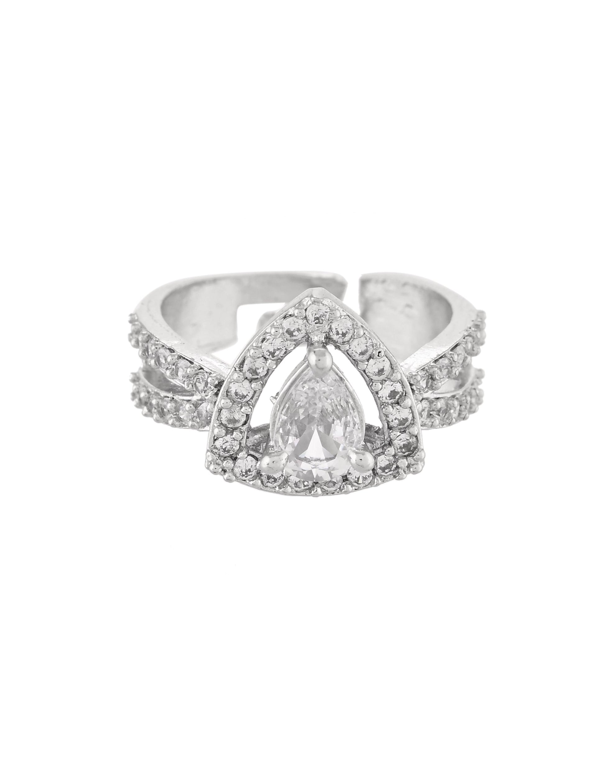 VOJ Silver-Plated AD-Stone-Studded Adjustable Finger Ring 