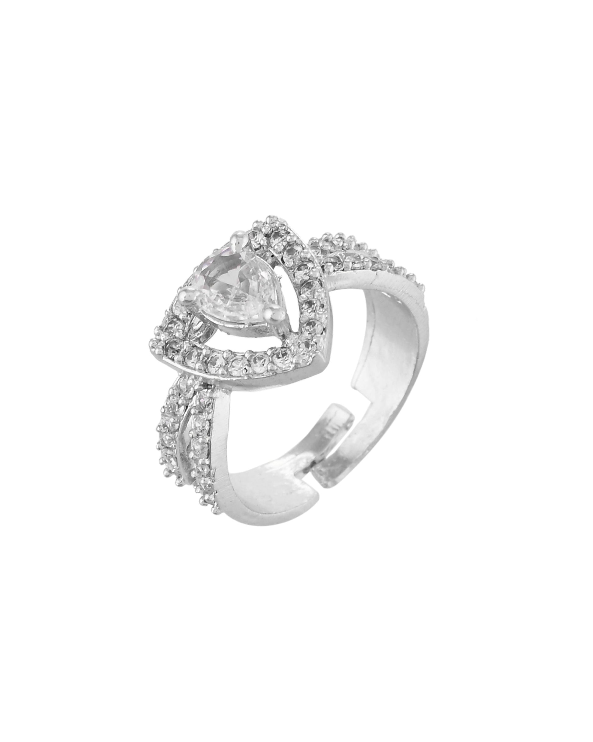 VOJ Silver-Plated AD-Stone-Studded Adjustable Finger Ring 