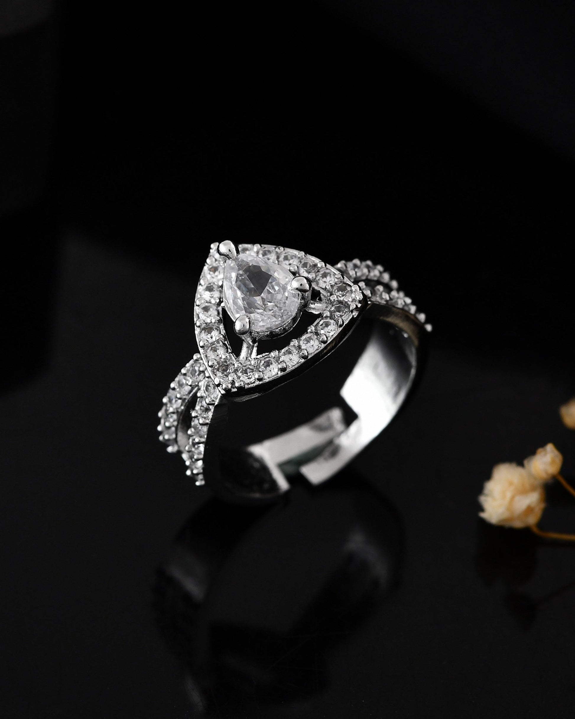 VOJ Silver-Plated AD-Stone-Studded Adjustable Finger Ring 