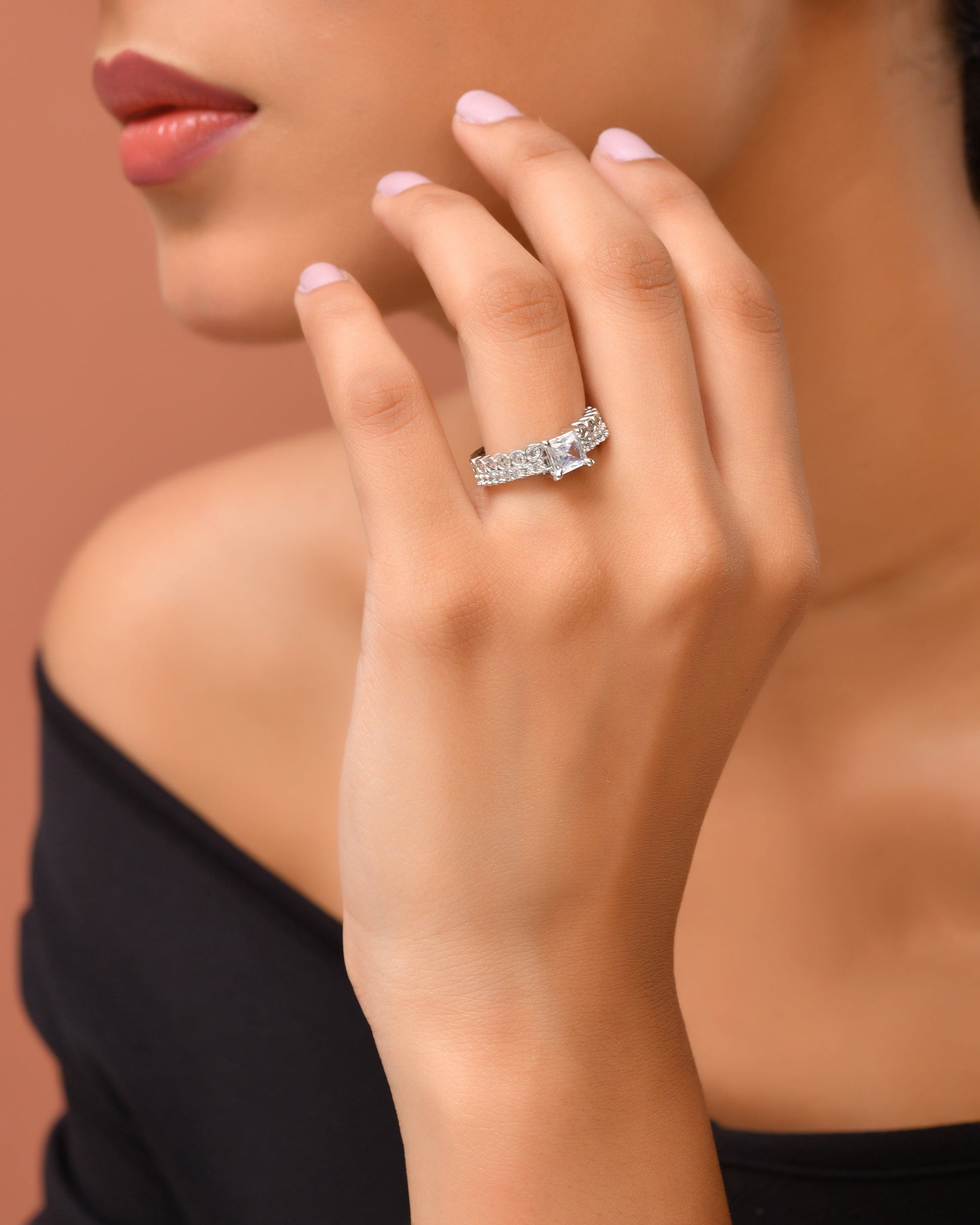 VOJ Silver Plated Cubic Zirconia Studded Finger Ring 