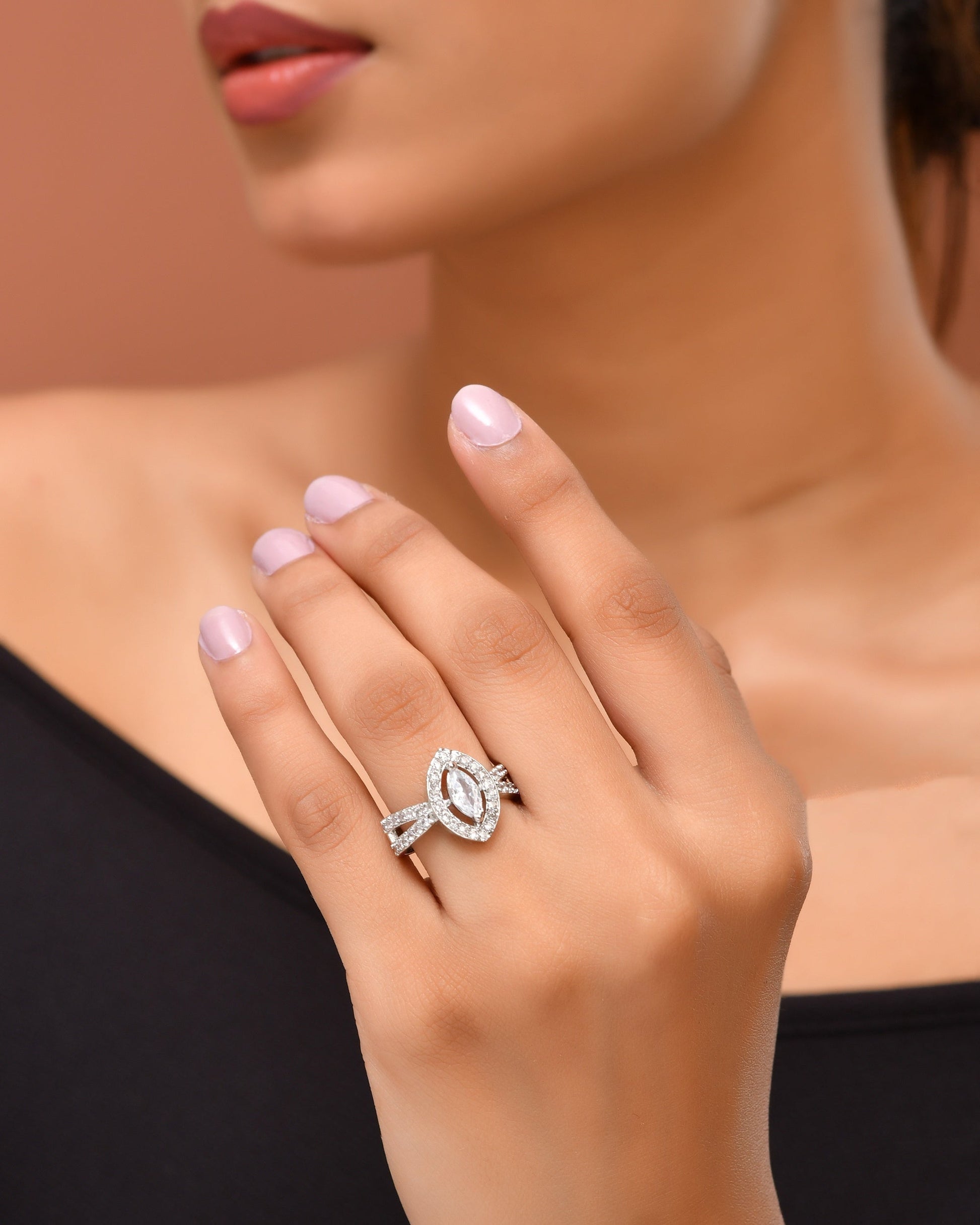 VOJ Silver-Plated Cubic Zirconia Studded Adjustable Finger Ring 