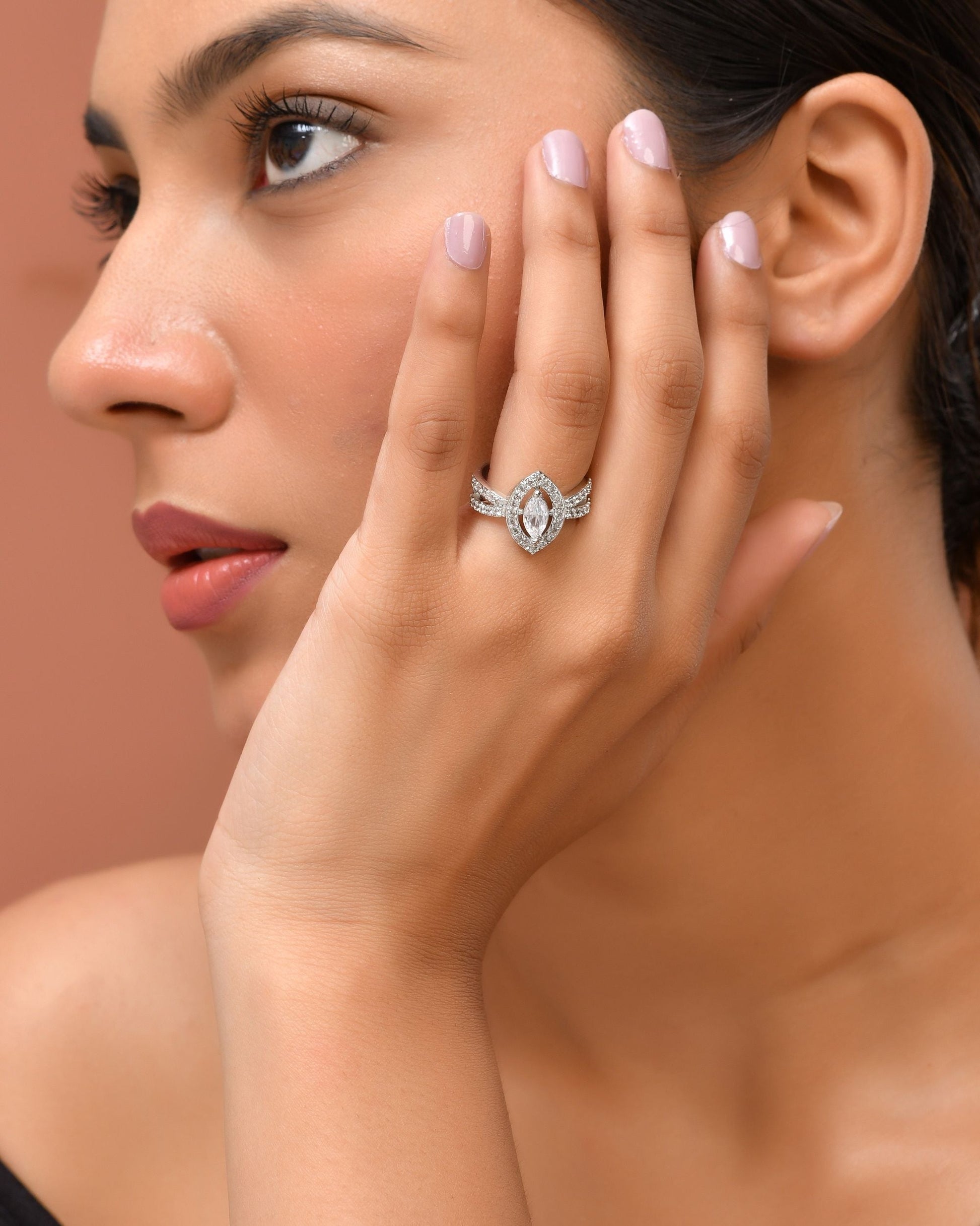 VOJ Silver-Plated Cubic Zirconia Studded Adjustable Finger Ring 