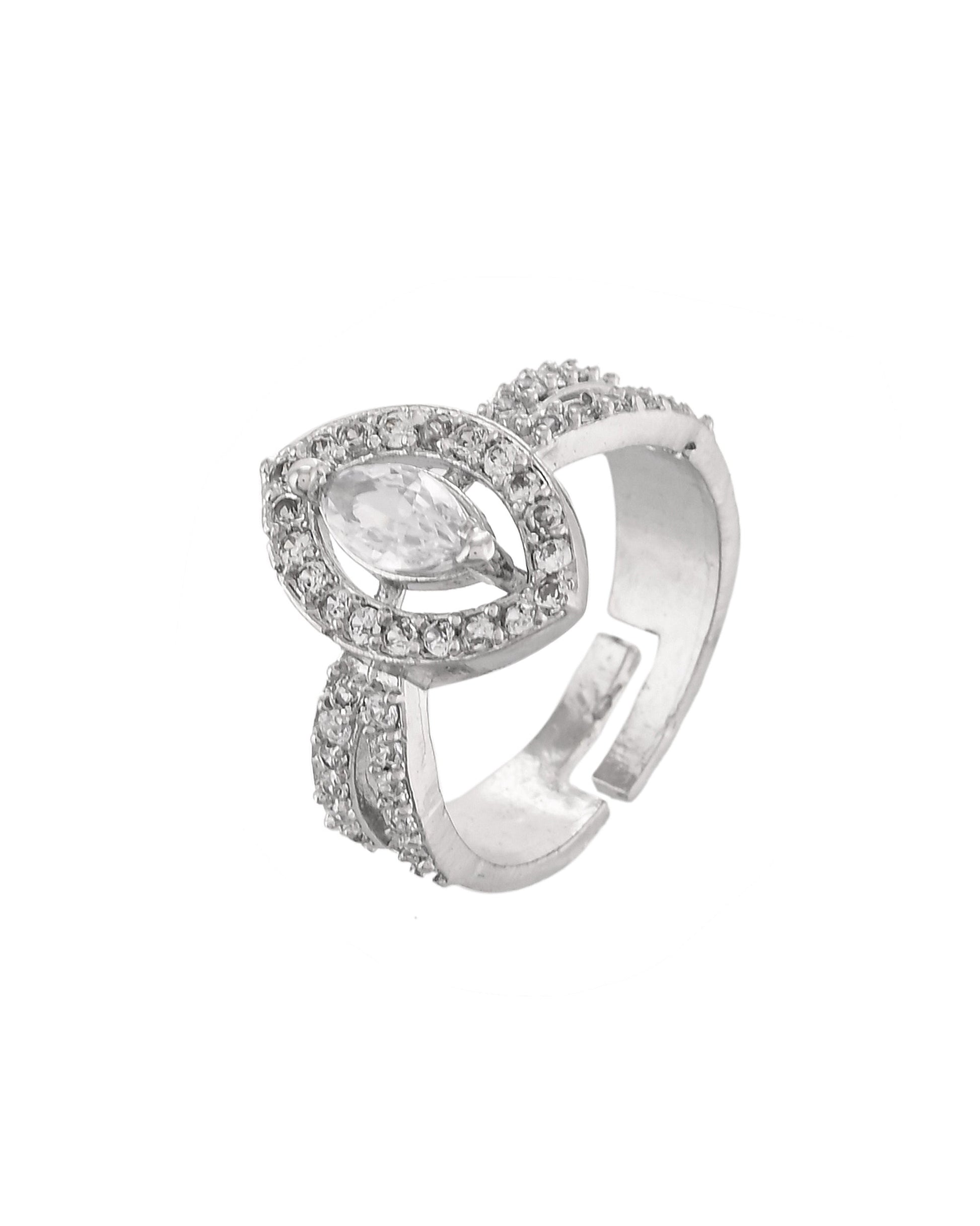 VOJ Silver-Plated Cubic Zirconia Studded Adjustable Finger Ring 