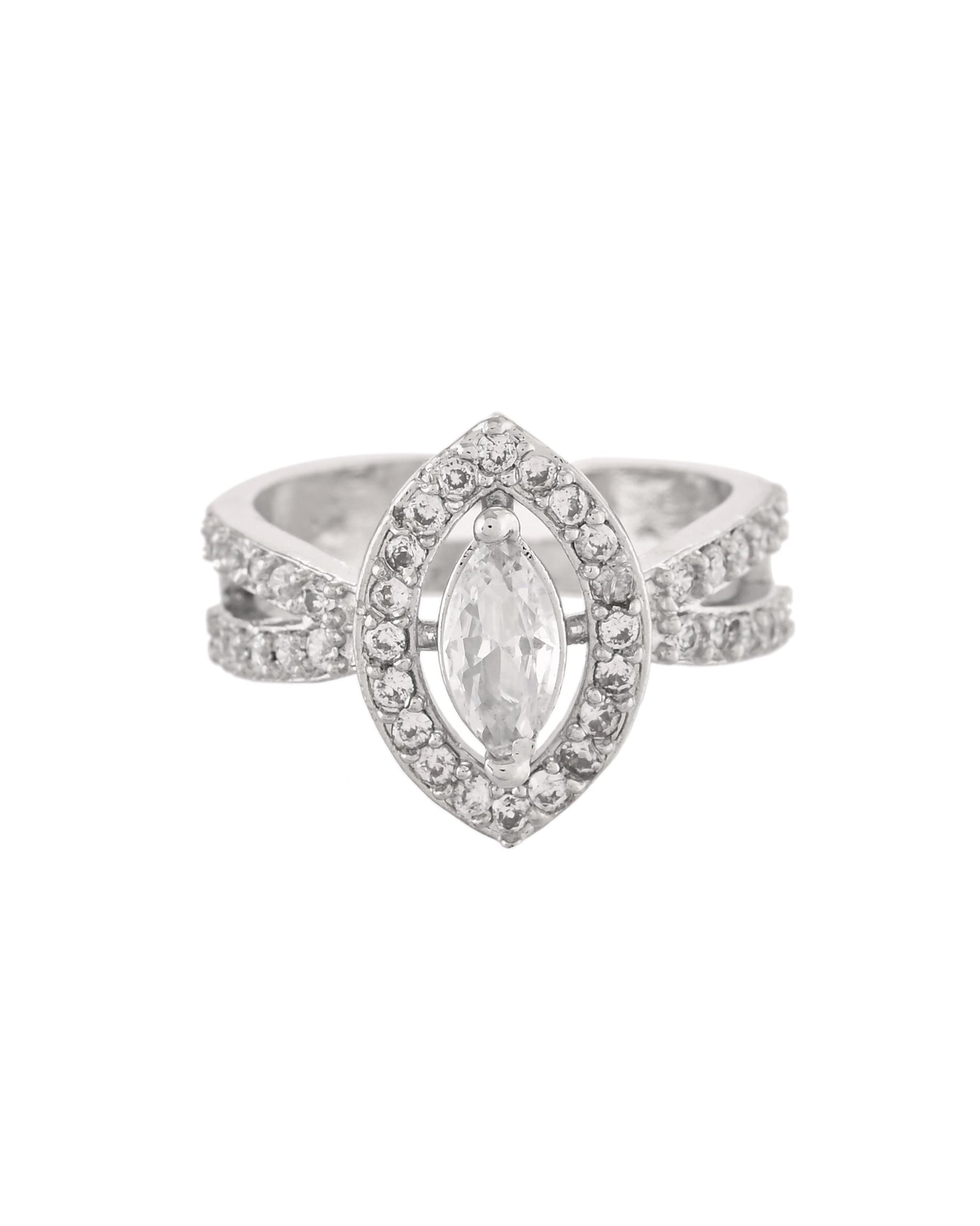 VOJ Silver-Plated Cubic Zirconia Studded Adjustable Finger Ring 