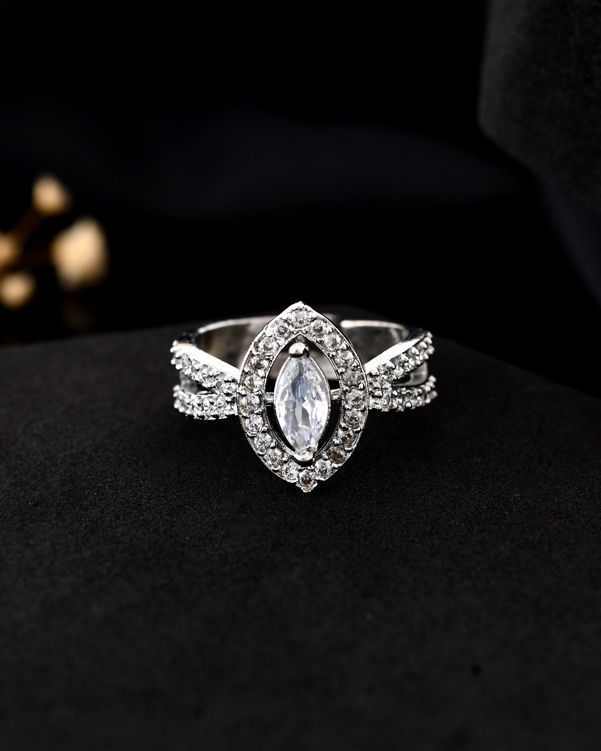 VOJ Silver-Plated Cubic Zirconia Studded Adjustable Finger Ring 
